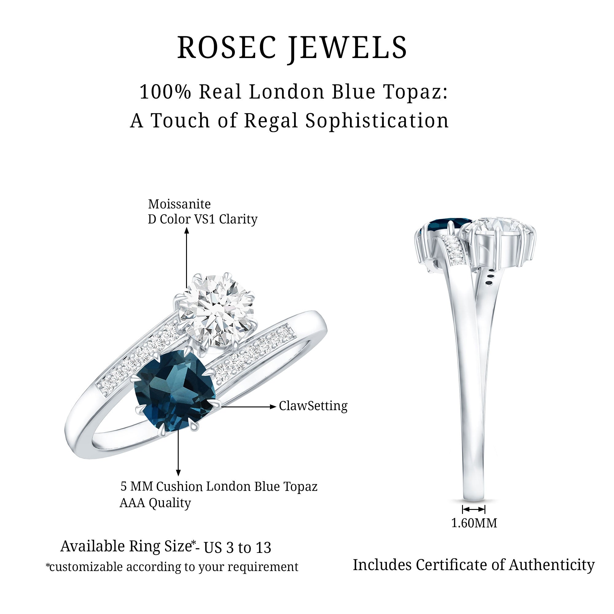 London Blue Topaz Designer Two Stone Engagement Ring in Silver AAA 92.5 Sterling Silver - Rosec Jewels