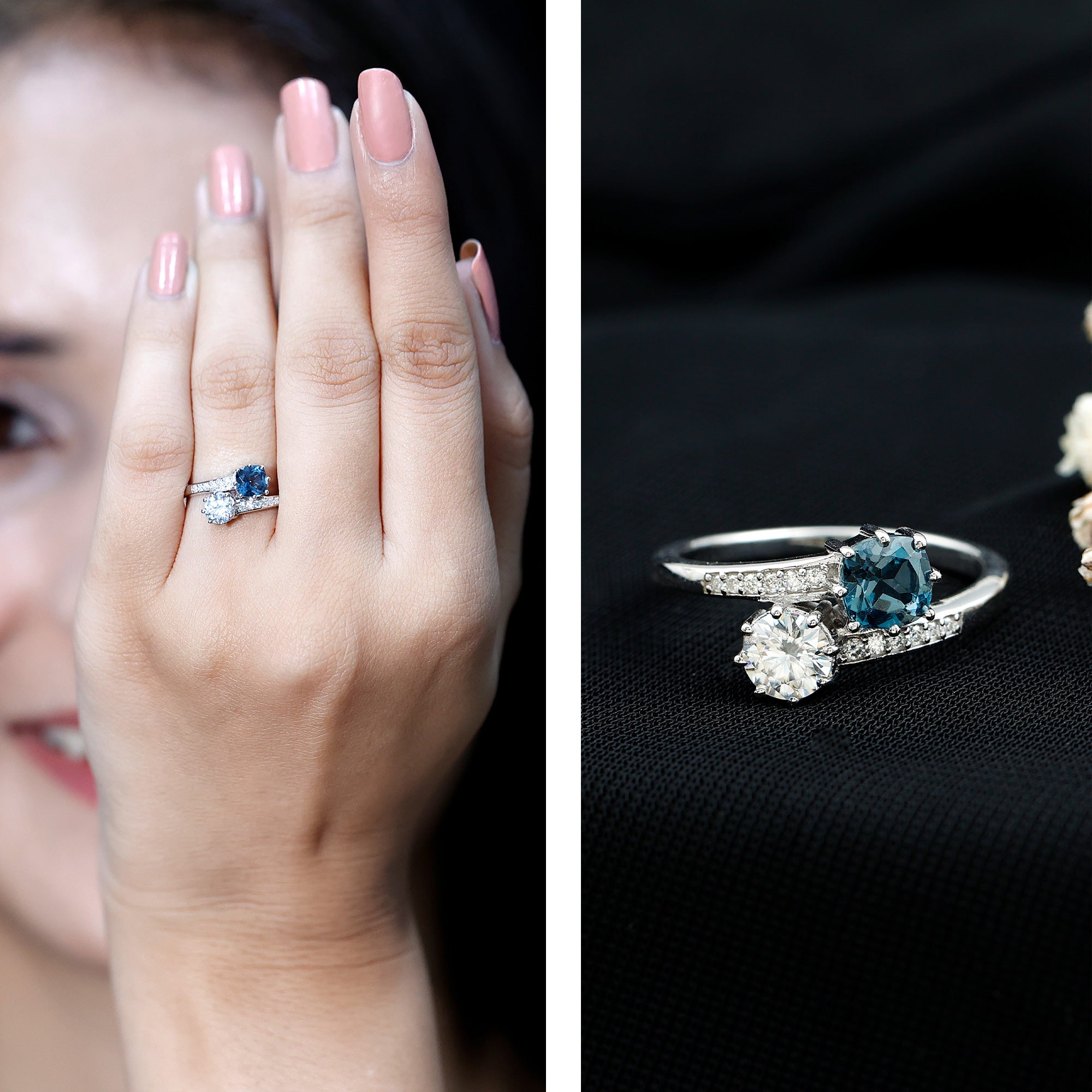 London Blue Topaz Designer Two Stone Engagement Ring in Silver AAA 92.5 Sterling Silver - Rosec Jewels