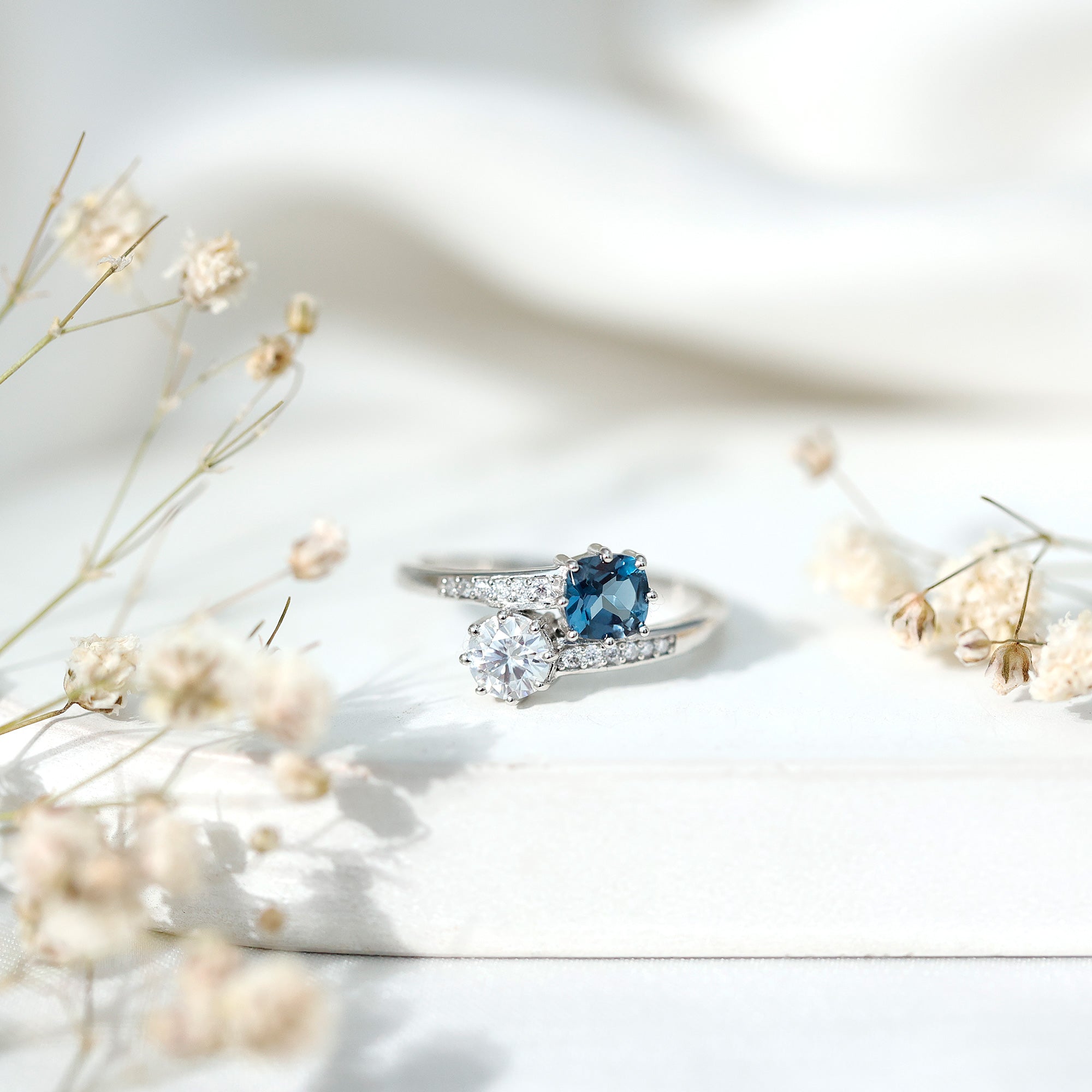 London Blue Topaz Designer Two Stone Engagement Ring in Silver AAA 92.5 Sterling Silver - Rosec Jewels