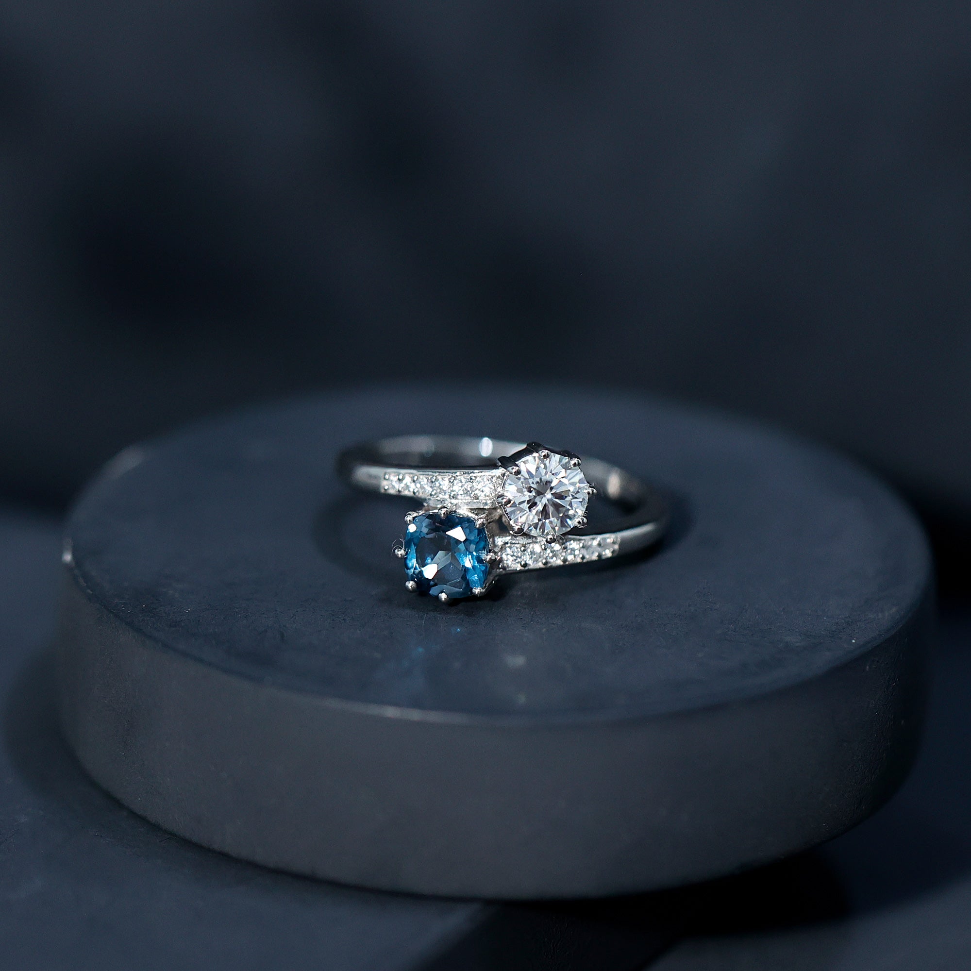 London Blue Topaz Designer Two Stone Engagement Ring in Silver AAA 92.5 Sterling Silver - Rosec Jewels