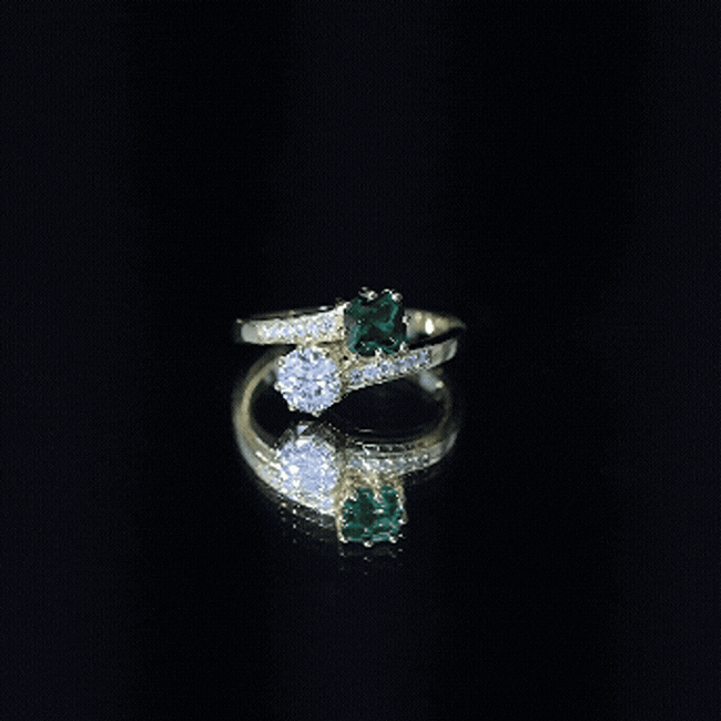 Lab Created Emerald and Moissanite Two Stone Engagement Ring in Silver AAAA 14K Yellow Gold Plated Silver - Rosec Jewels
