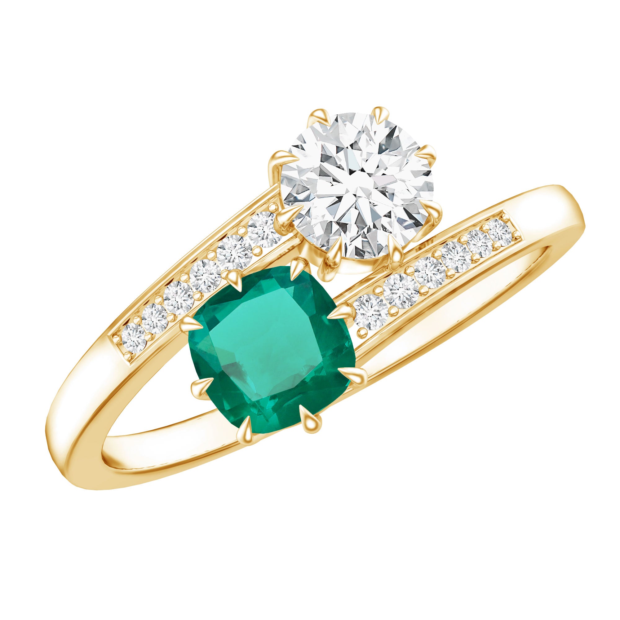 Lab Created Emerald and Moissanite Two Stone Engagement Ring in Silver AAAA 14K Yellow Gold Plated Silver - Rosec Jewels