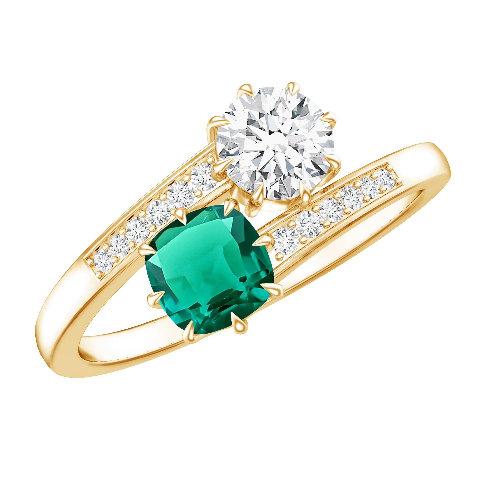 Lab Created Emerald and Moissanite Two Stone Engagement Ring in Silver AAAA 14K Yellow Gold Plated Silver - Rosec Jewels
