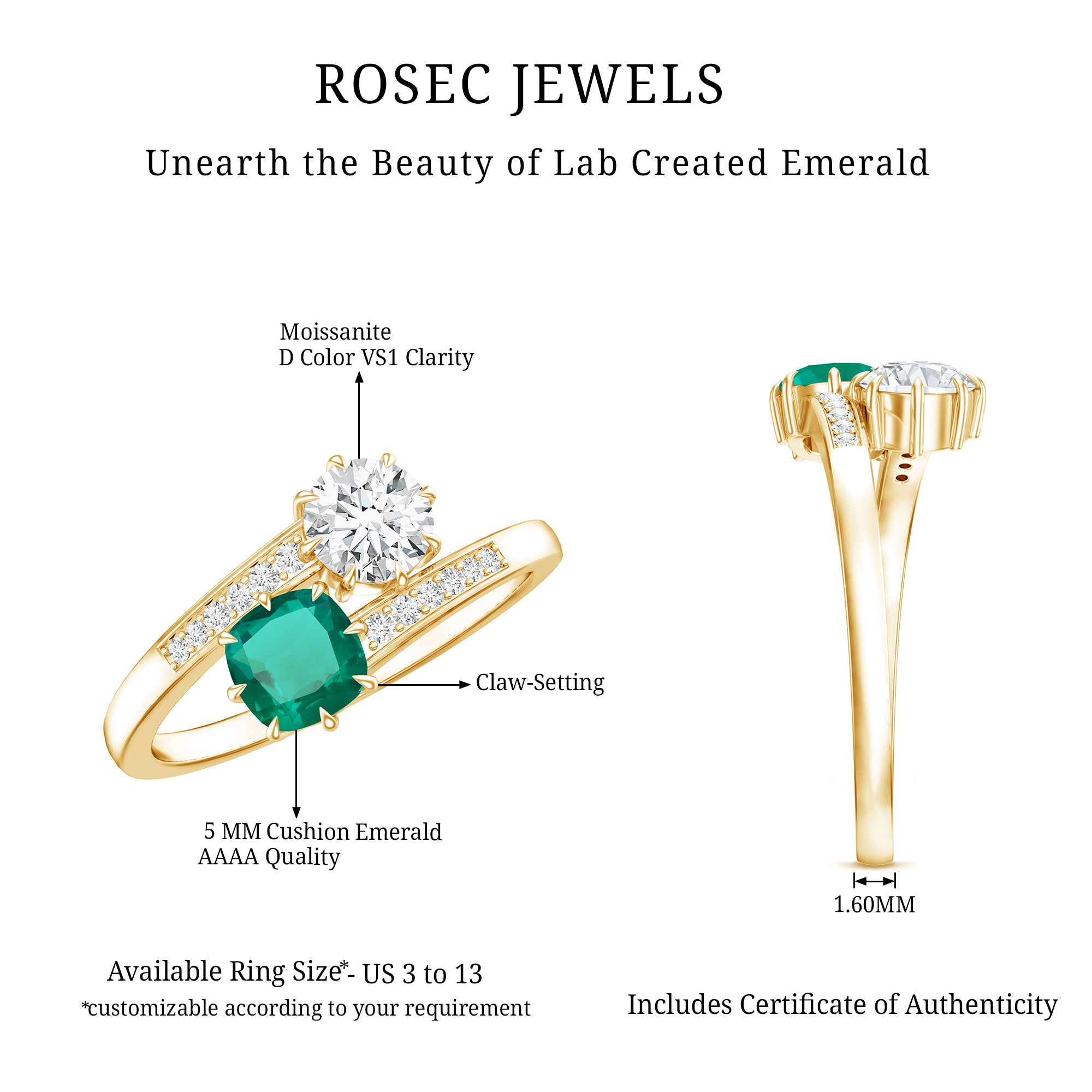 Lab Created Emerald and Moissanite Two Stone Engagement Ring in Silver AAAA 14K Yellow Gold Plated Silver - Rosec Jewels