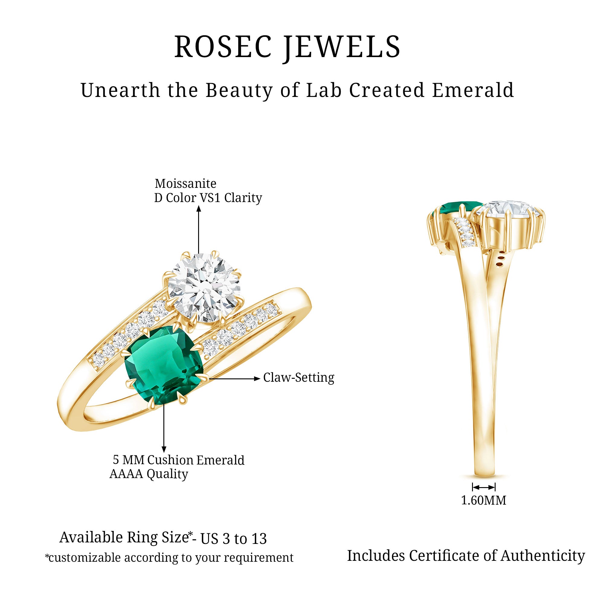 Lab Created Emerald and Moissanite Two Stone Engagement Ring in Silver AAAA 14K Yellow Gold Plated Silver - Rosec Jewels