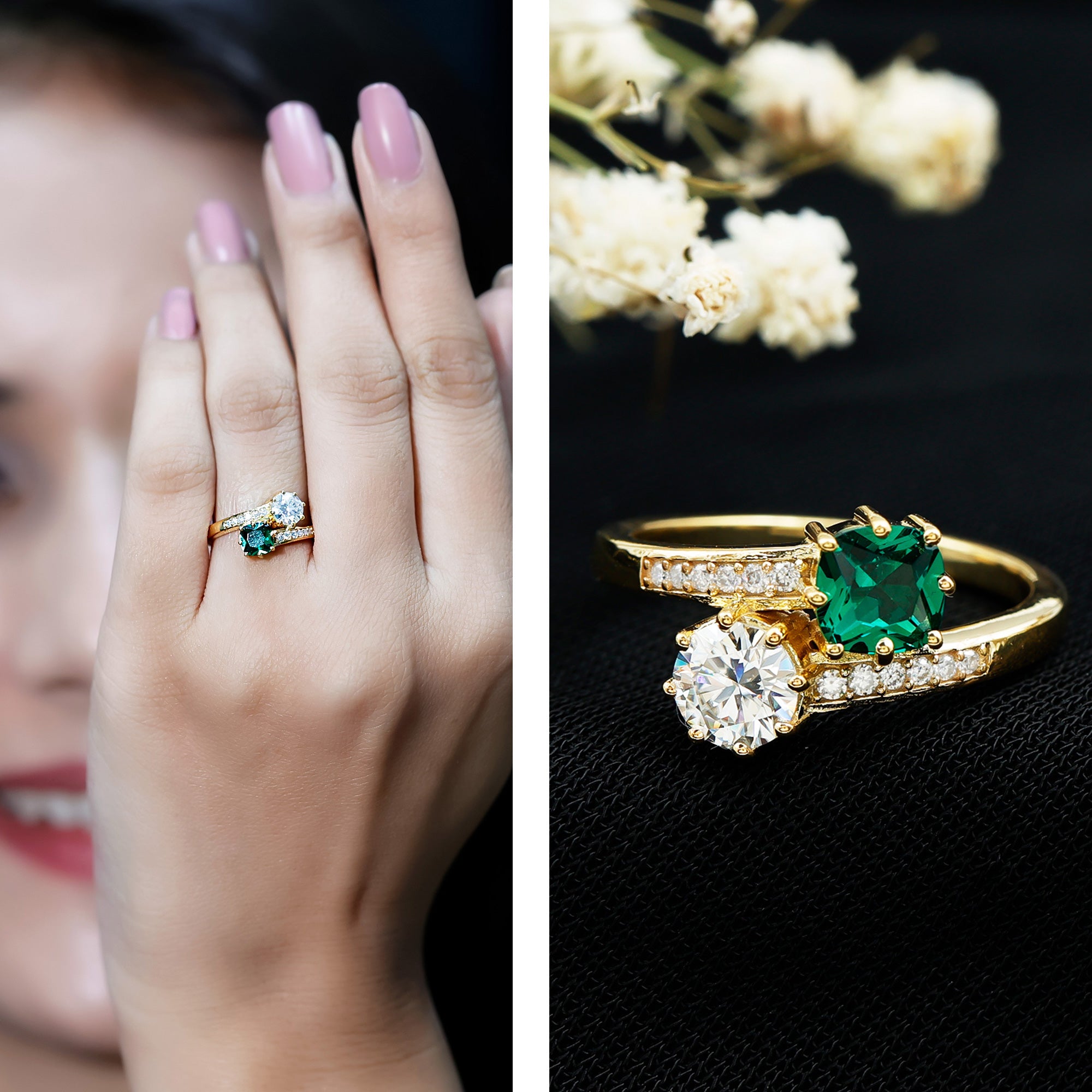 Lab Created Emerald and Moissanite Two Stone Engagement Ring in Silver AAAA 14K Yellow Gold Plated Silver - Rosec Jewels