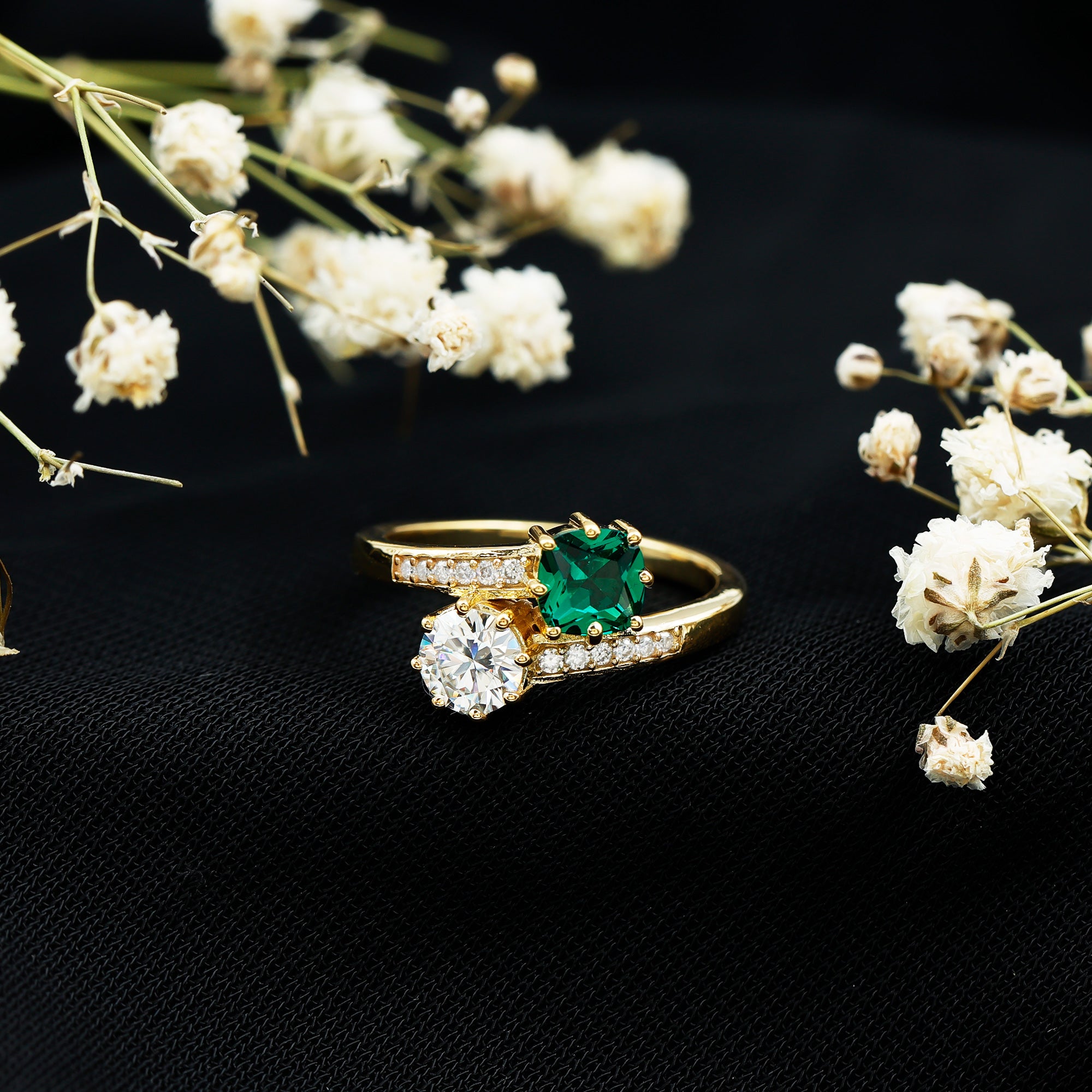 Lab Created Emerald and Moissanite Two Stone Engagement Ring in Silver AAAA 14K Yellow Gold Plated Silver - Rosec Jewels