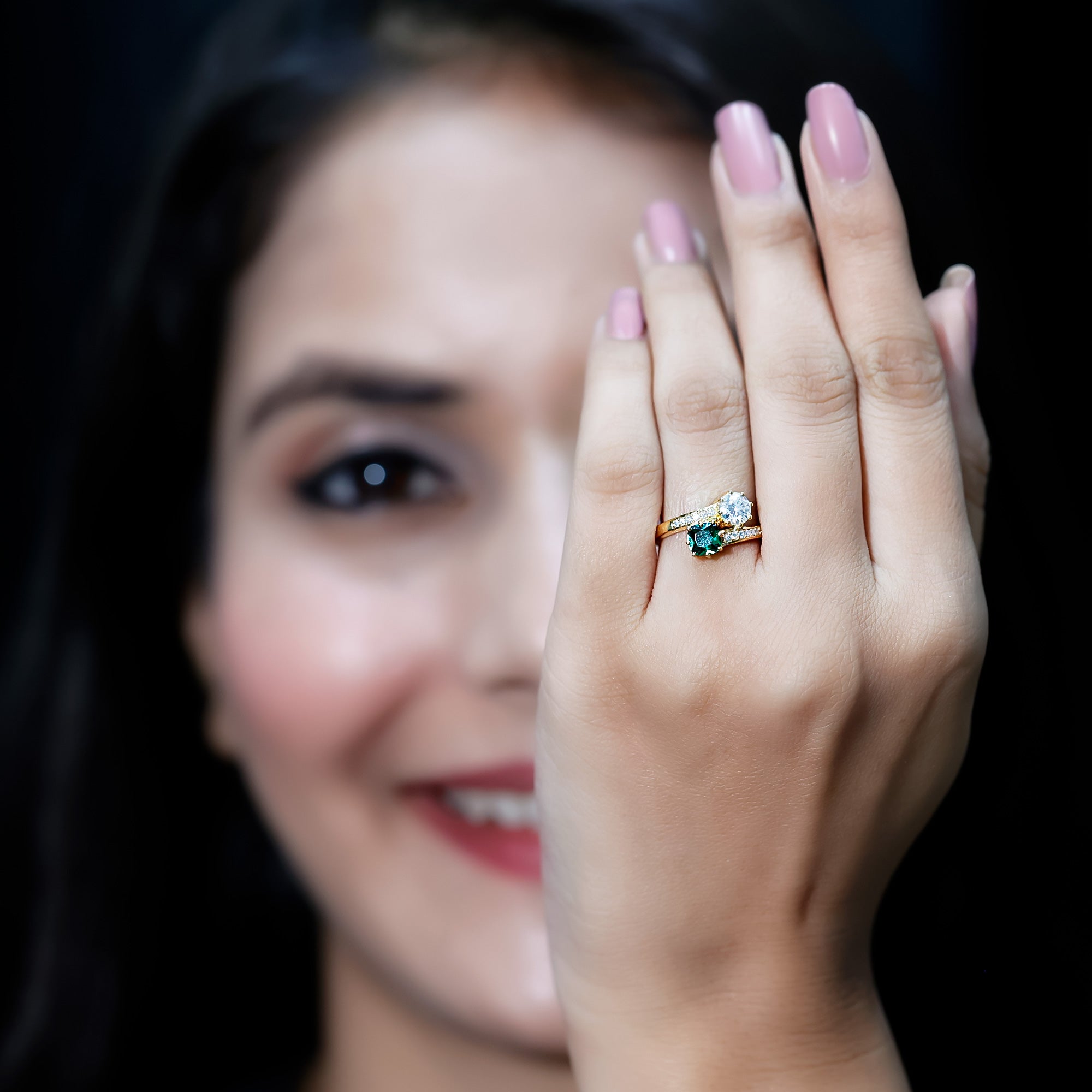 Lab Created Emerald and Moissanite Two Stone Engagement Ring in Silver AAAA 14K Yellow Gold Plated Silver - Rosec Jewels