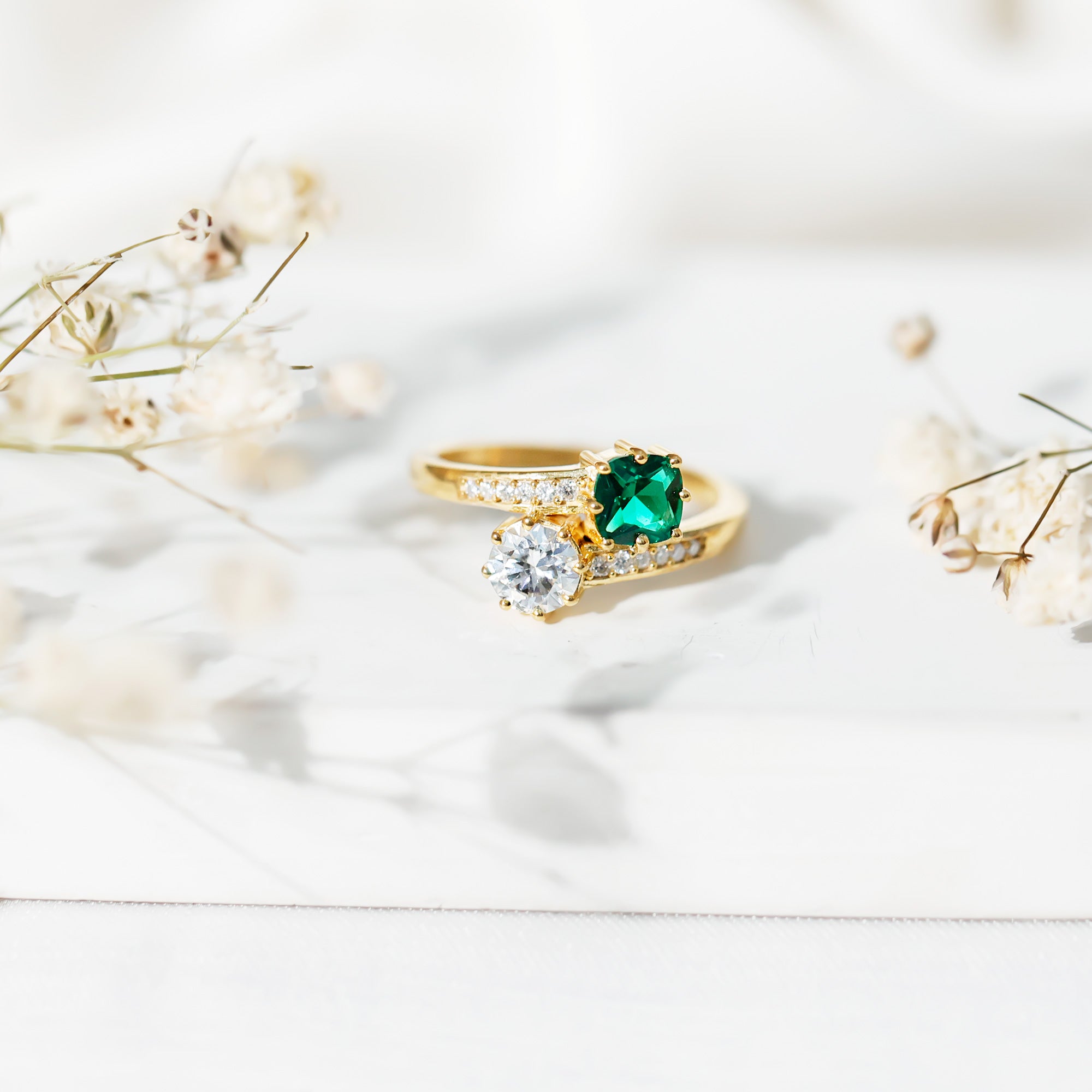 Lab Created Emerald and Moissanite Two Stone Engagement Ring in Silver AAAA 14K Yellow Gold Plated Silver - Rosec Jewels