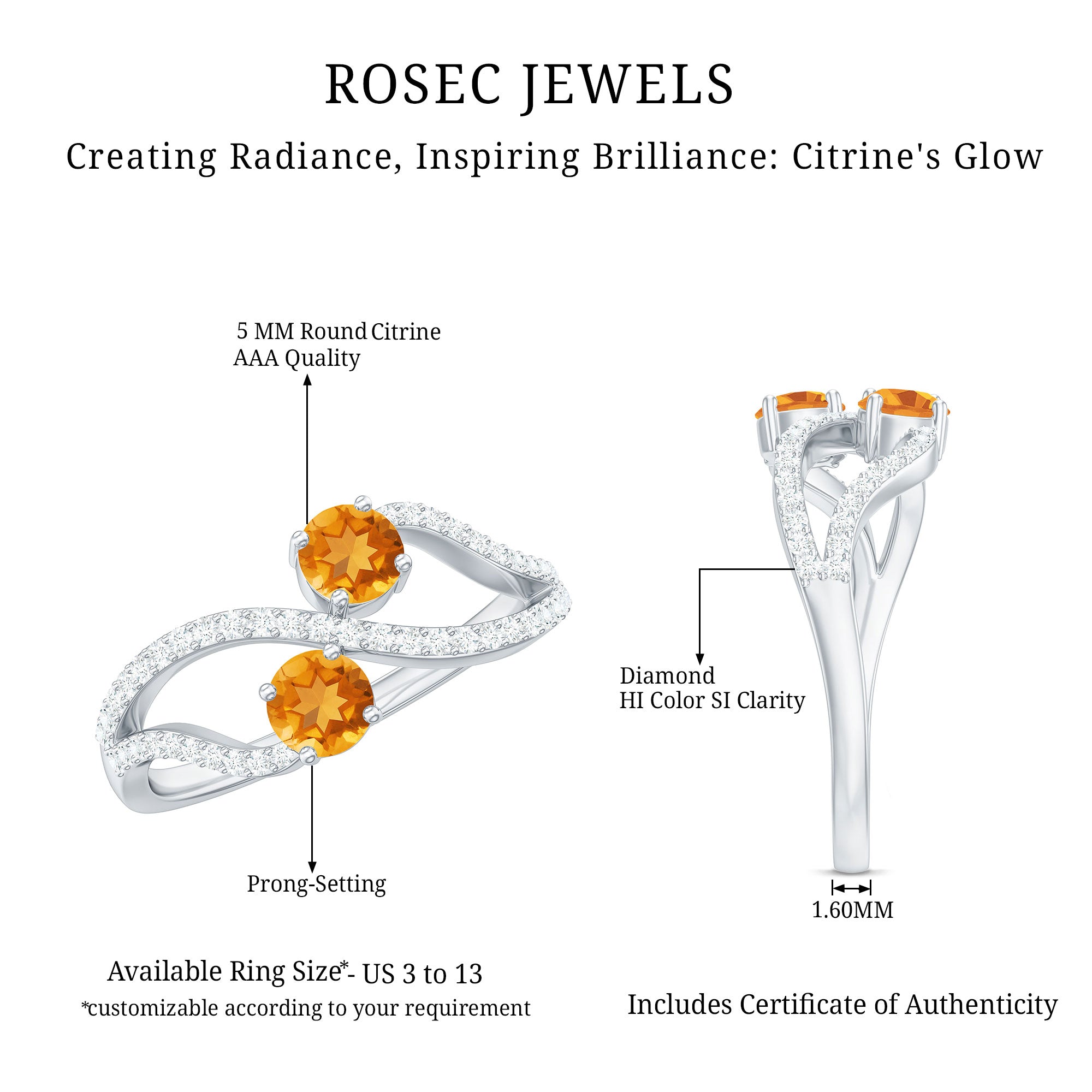 Rosec Jewels-Natural Citrine Toi Et Moi Engagement Ring with Diamond