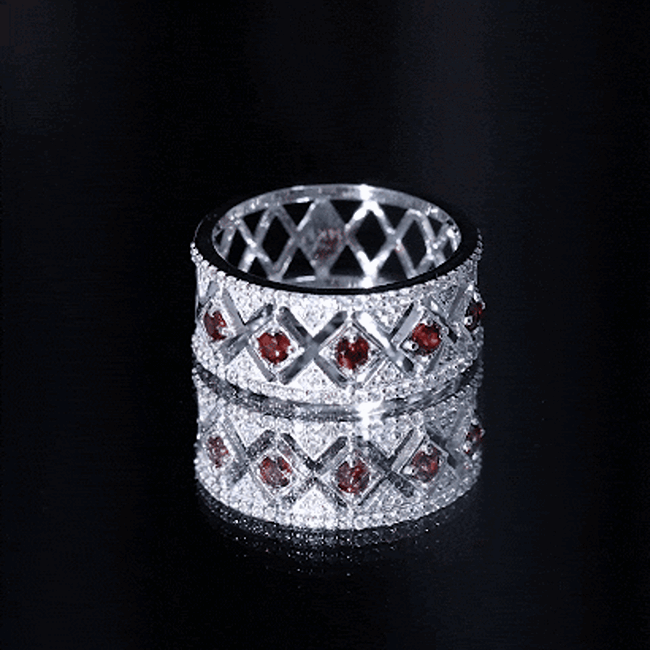 Art Deco Garnet Diamond Thick Wedding Band with Certificate AAA - Rosec Jewels