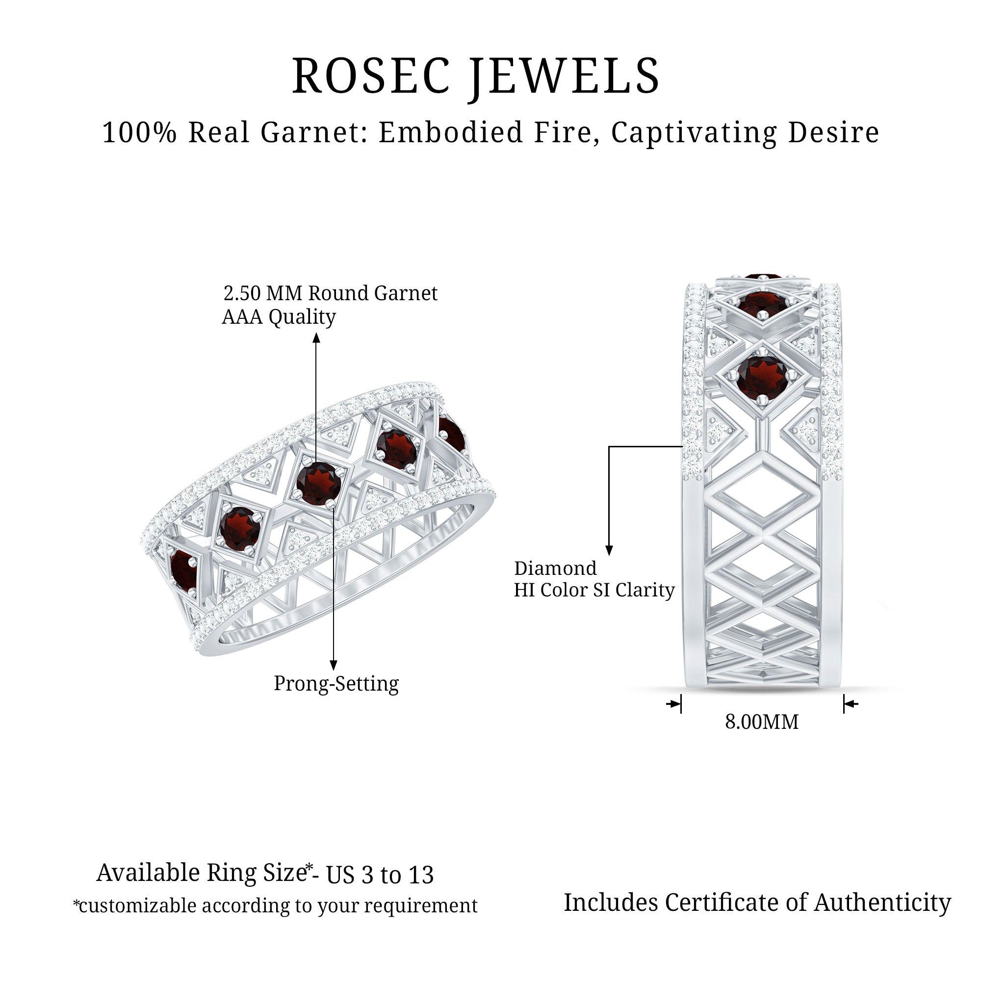 Art Deco Garnet Diamond Thick Wedding Band with Certificate AAA - Rosec Jewels