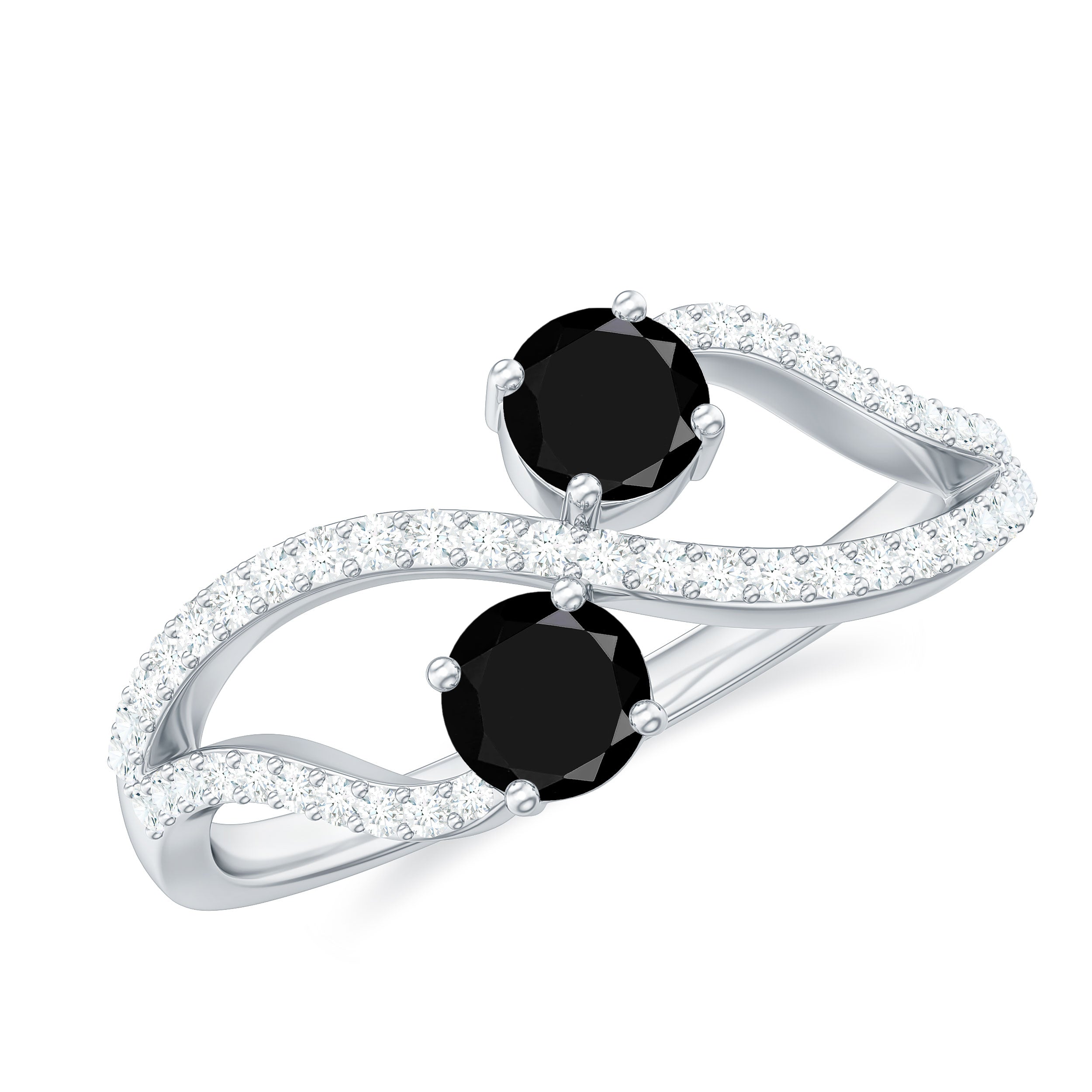 Natural Black Onyx 2 Stone Promise Ring with Diamond AAA - Rosec Jewels