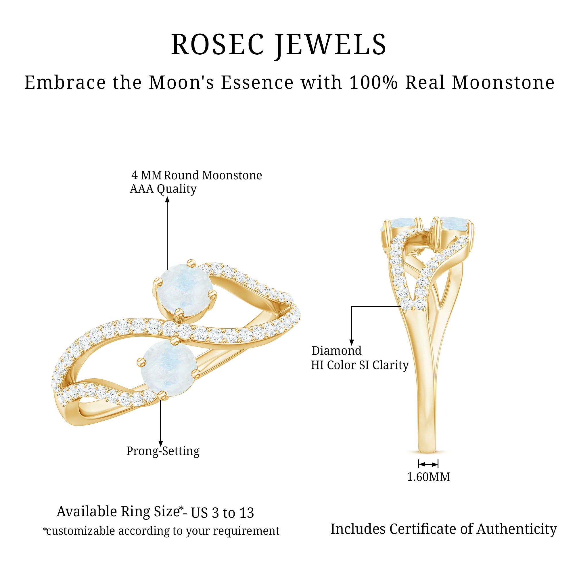 1 CT Minimal Moonstone and Diamond Engagement Ring AAA - Rosec Jewels