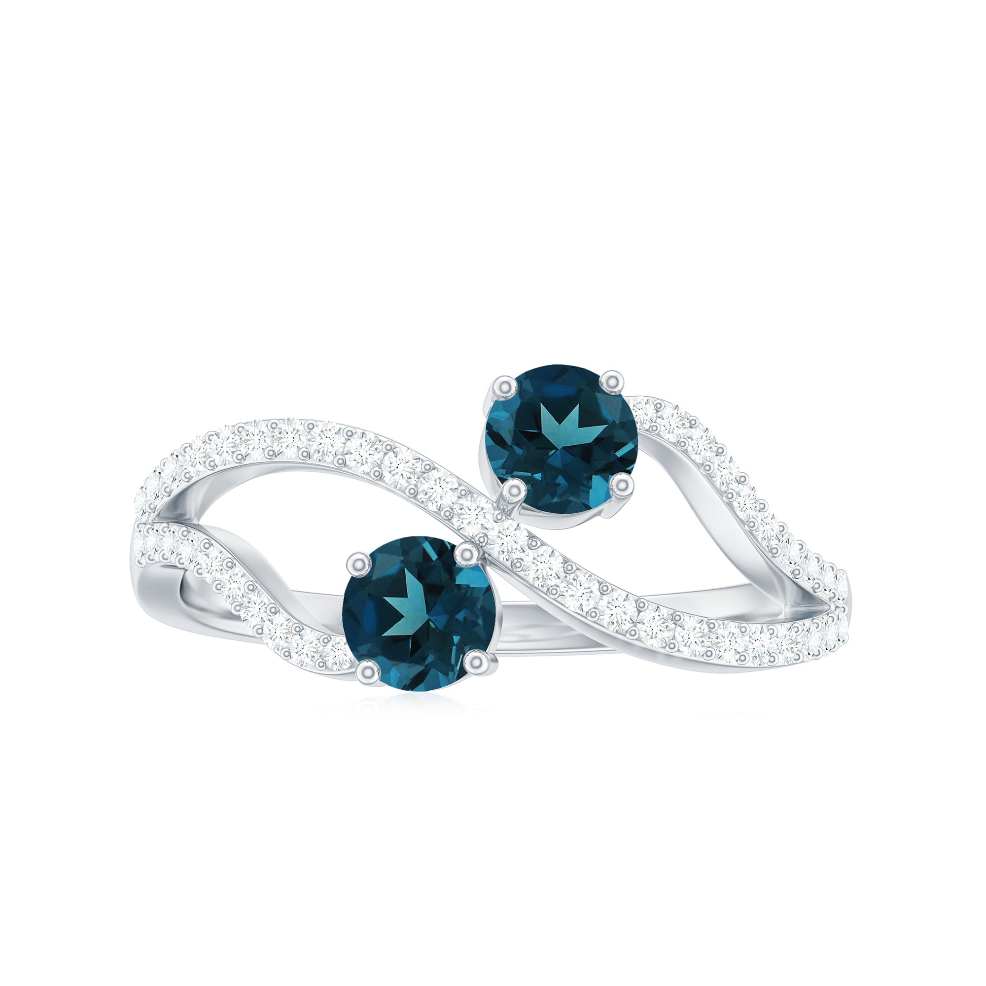 Rosec Jewels-Natural London Blue Topaz 2 Stone Promise Ring with Diamond