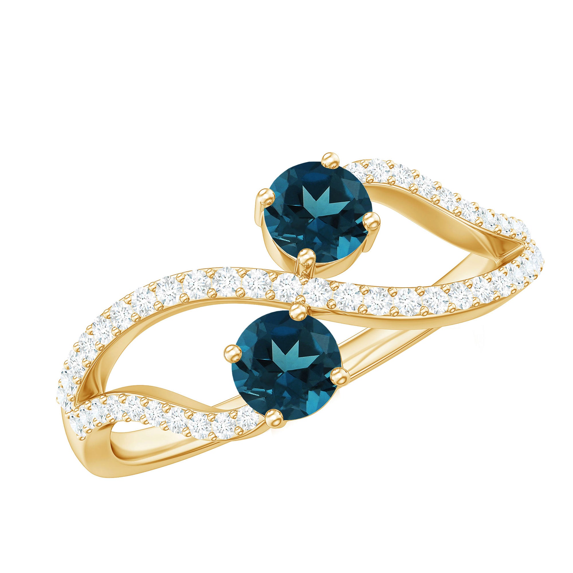 Rosec Jewels-Natural London Blue Topaz 2 Stone Promise Ring with Diamond