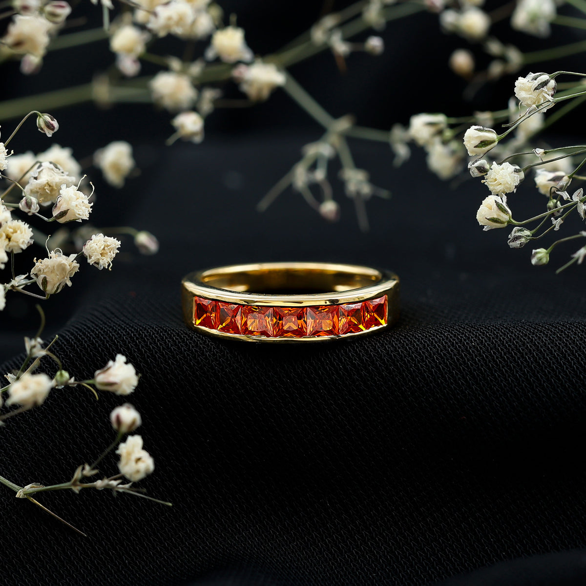 Princess Cut Lab Grown Orange Sapphire Half Eternity Band in Channel Set AAAA - Rosec Jewels