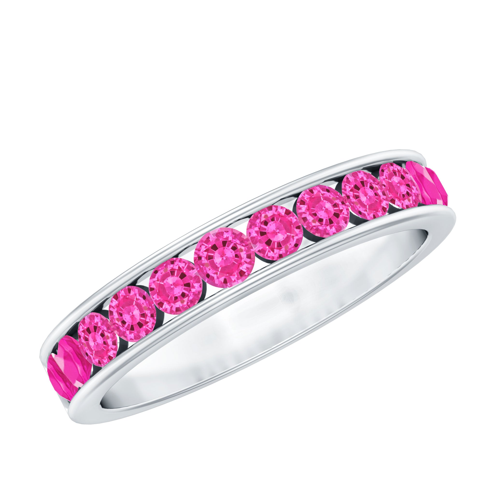 Round Lab Created Pink Sapphire Half Eternity Band in Channel Setting