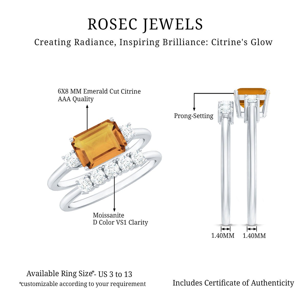 Certified Real Emerald Cut Citrine Wedding Engagement Ring Set with Moissanite AAA - Rosec Jewels