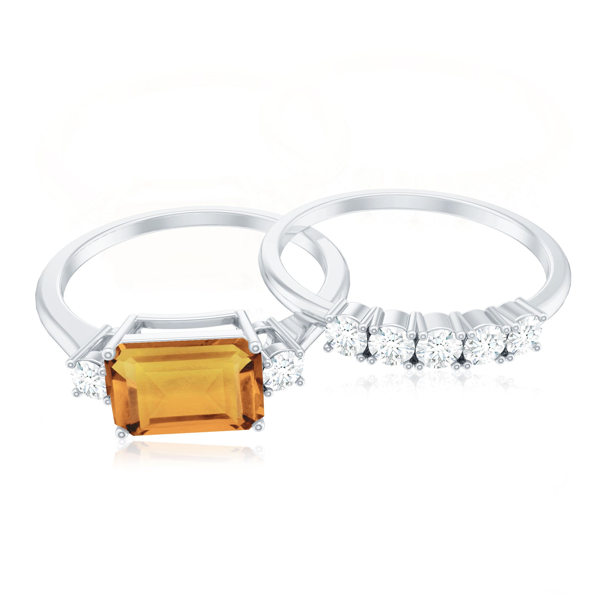 Certified Real Emerald Cut Citrine Wedding Engagement Ring Set with Moissanite AAA - Rosec Jewels
