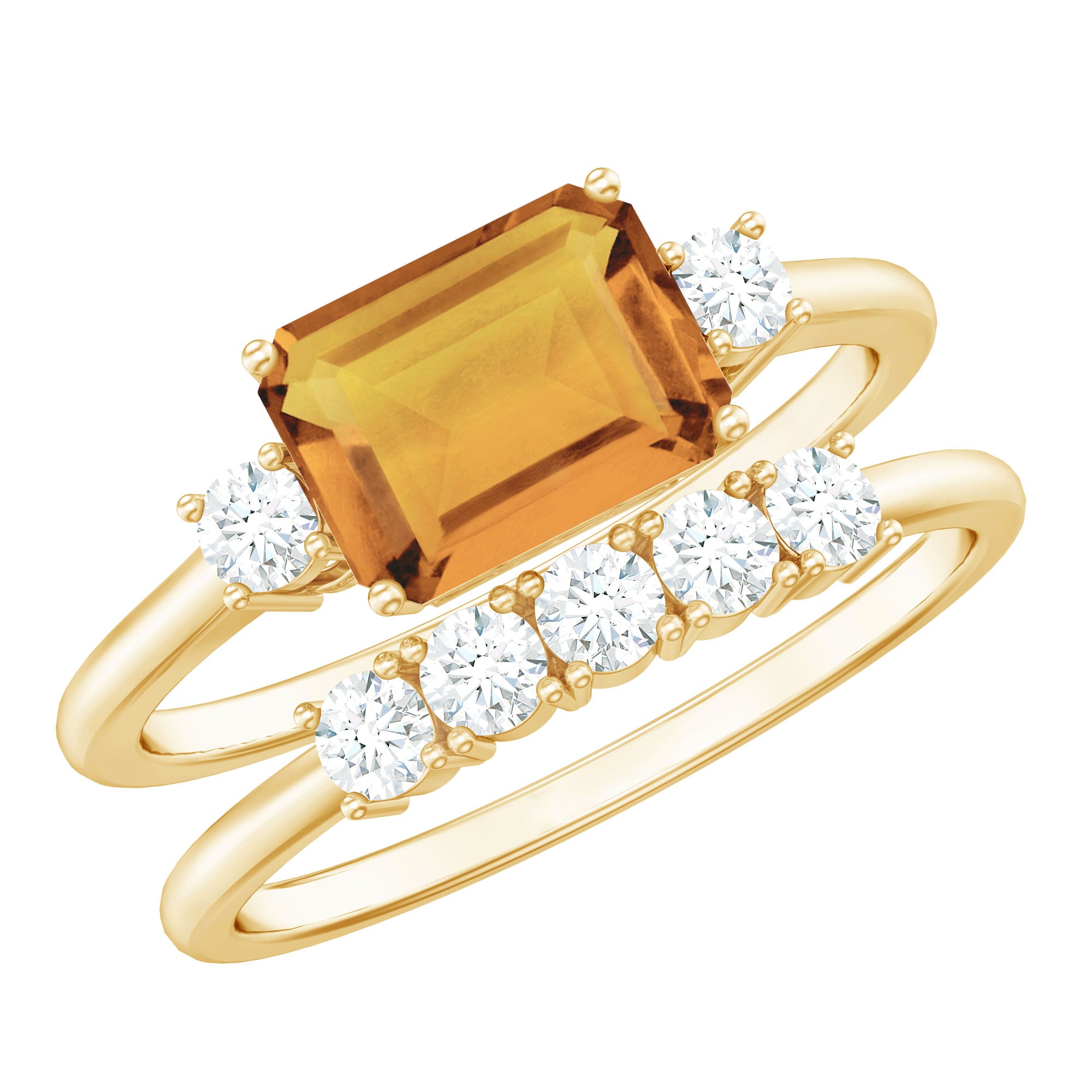 Certified Real Emerald Cut Citrine Wedding Engagement Ring Set with Moissanite AAA - Rosec Jewels