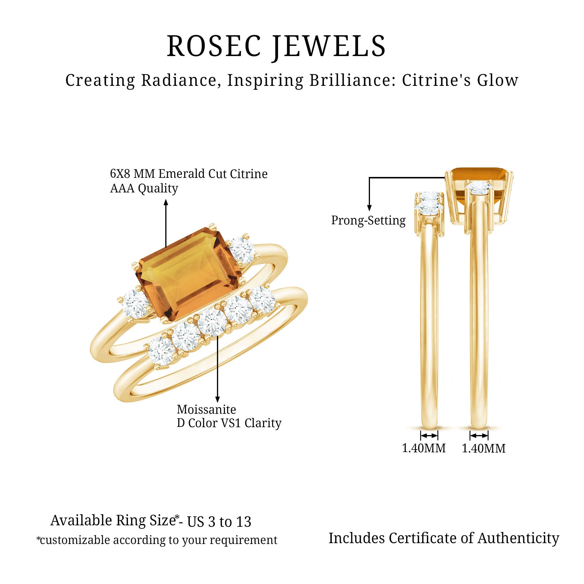 Certified Real Emerald Cut Citrine Wedding Engagement Ring Set with Moissanite AAA - Rosec Jewels