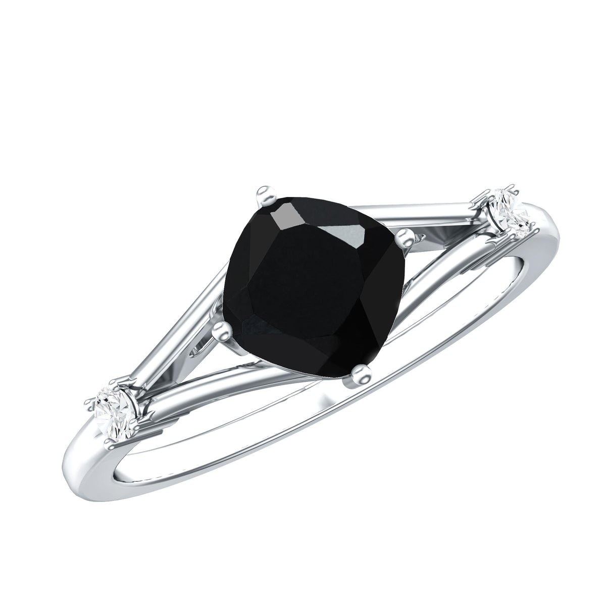 Cushion Black Onyx Split Shank Engagement Ring with Diamond AAA - Rosec Jewels
