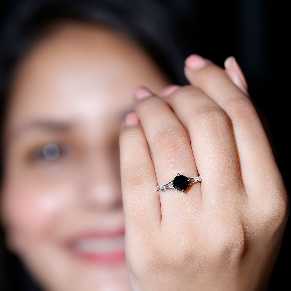 Cushion Black Onyx Split Shank Engagement Ring with Diamond AAA - Rosec Jewels