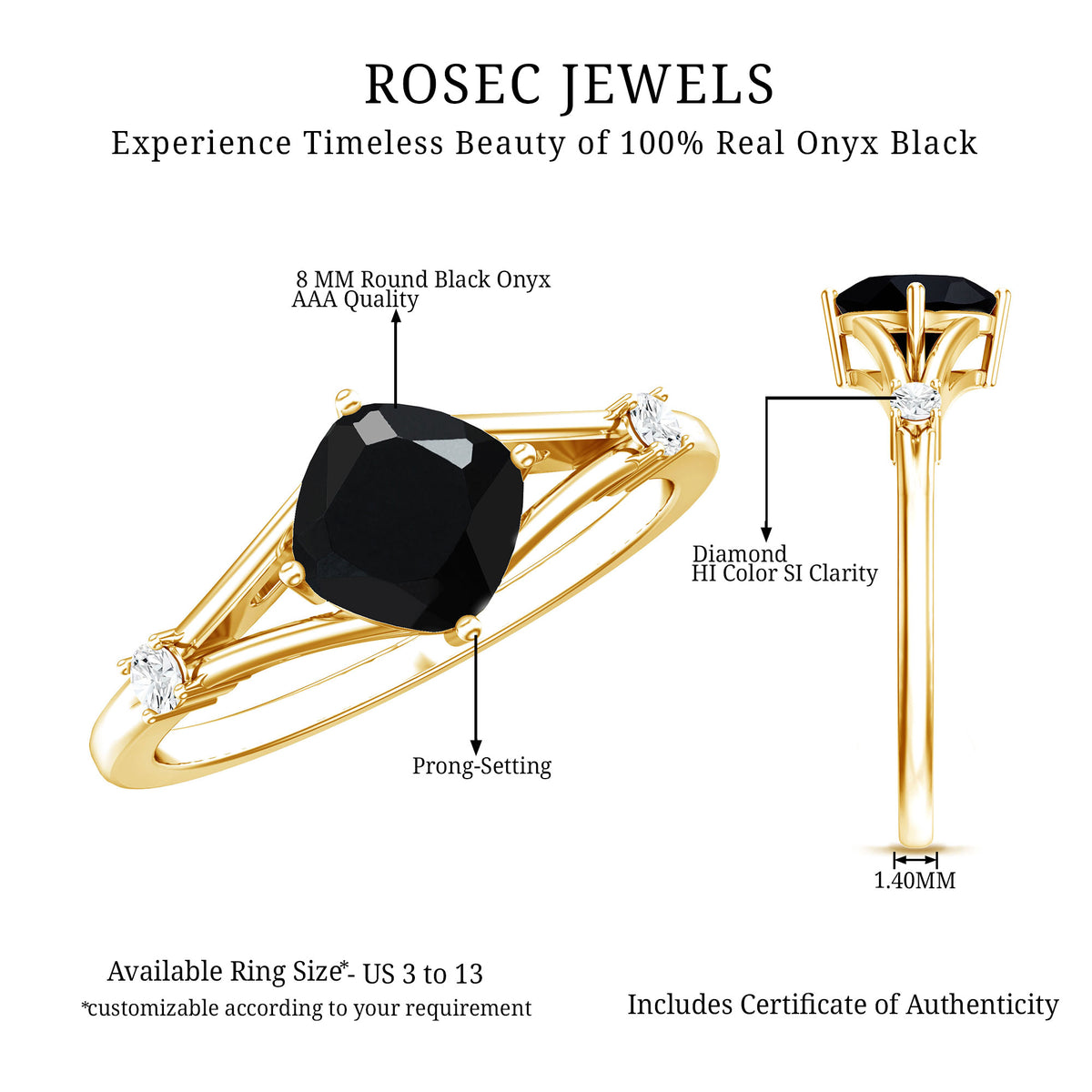 Cushion Black Onyx Split Shank Engagement Ring with Diamond AAA - Rosec Jewels