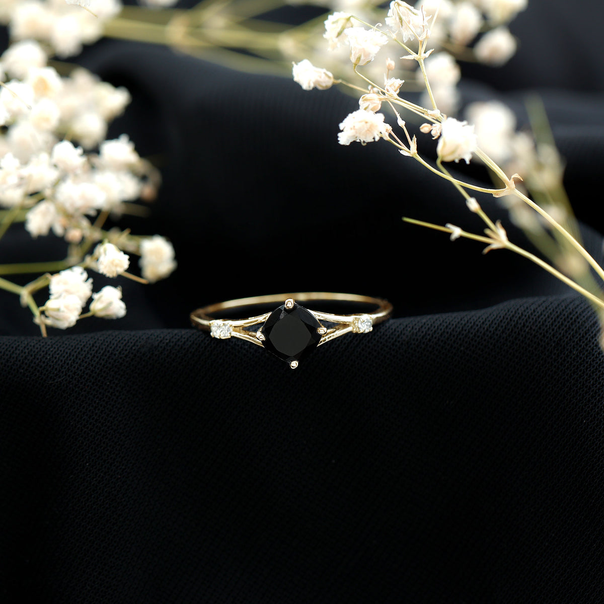 Cushion Black Onyx Split Shank Engagement Ring with Diamond AAA - Rosec Jewels