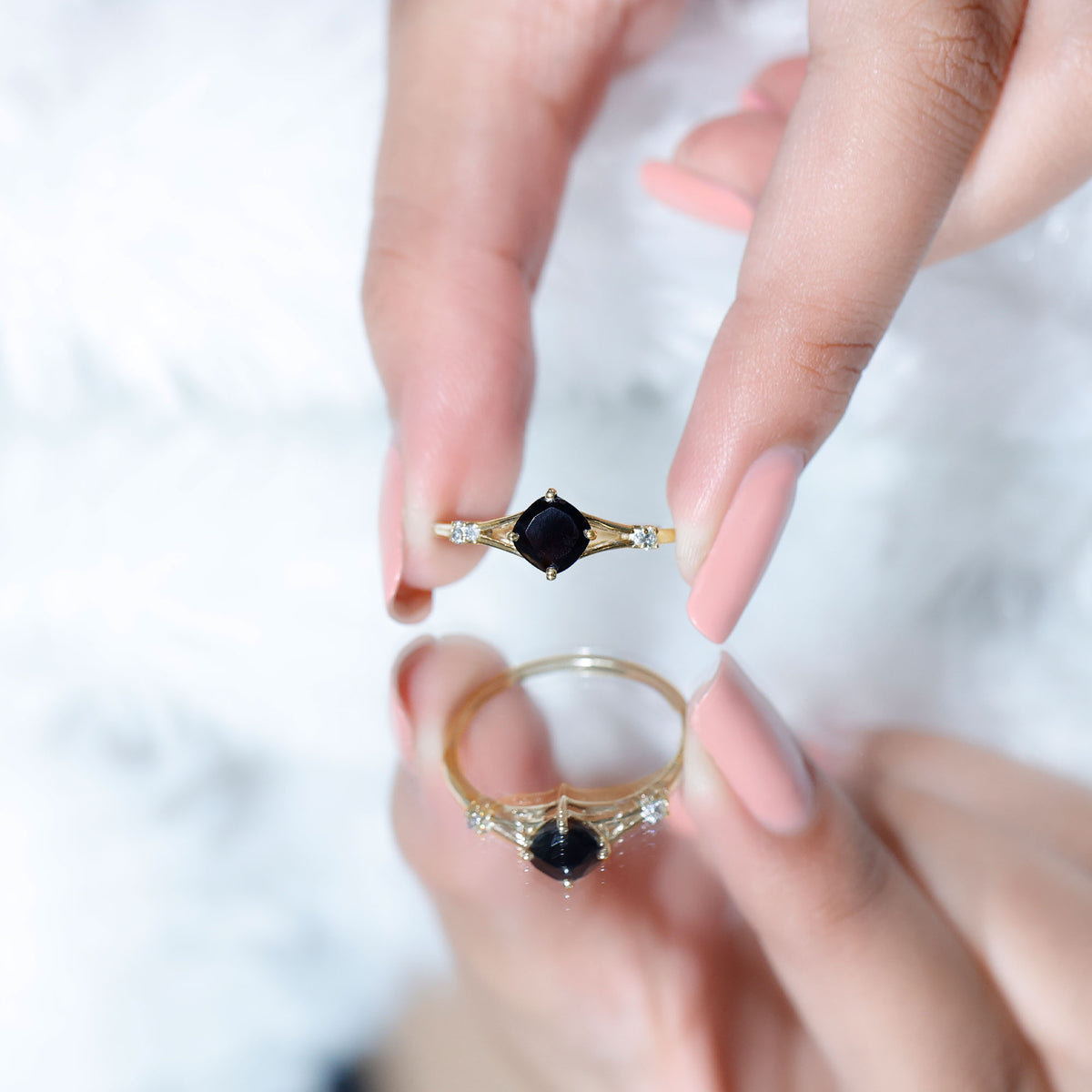 Cushion Black Onyx Split Shank Engagement Ring with Diamond AAA - Rosec Jewels