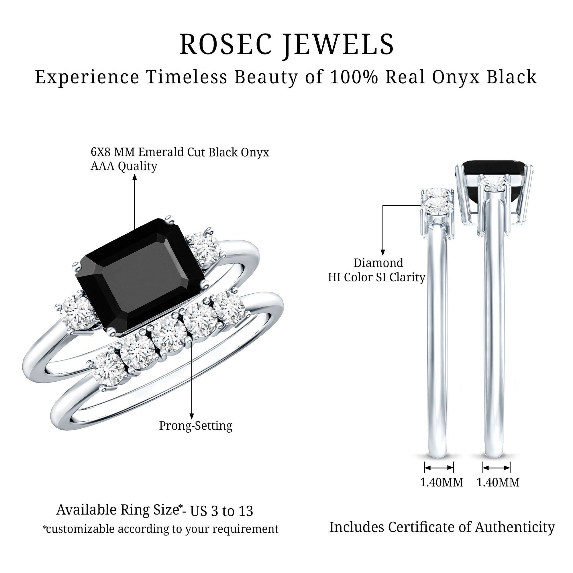 Emerald Cut Black Onyx and Diamond Wedding Ring Set AAA - Rosec Jewels
