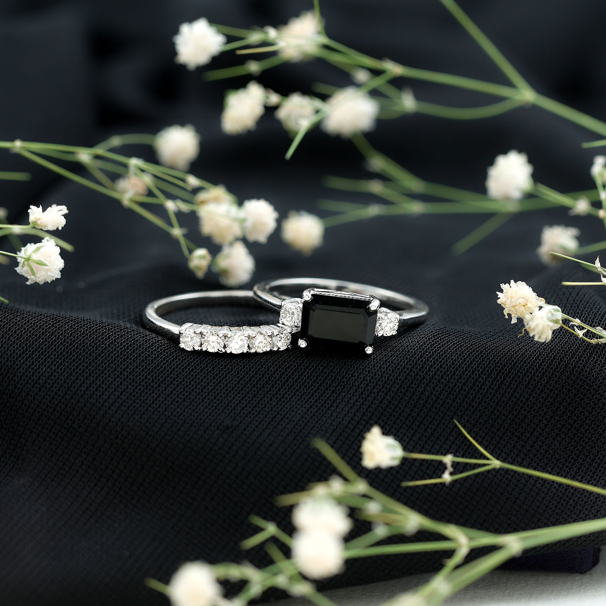 Emerald Cut Black Onyx and Diamond Wedding Ring Set AAA - Rosec Jewels