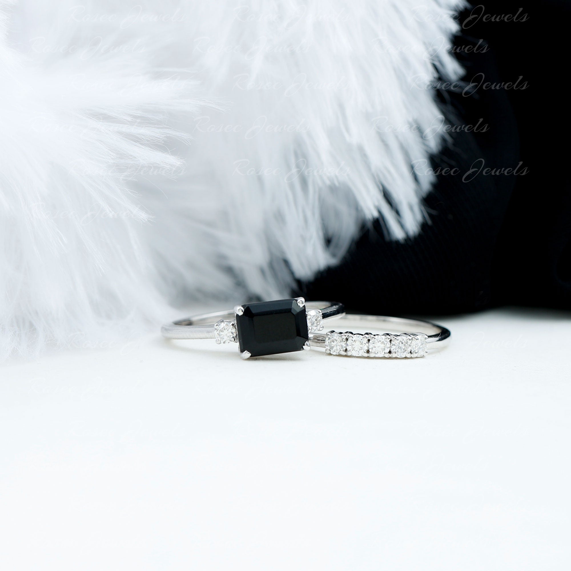 Emerald Cut Black Onyx and Diamond Wedding Ring Set AAA - Rosec Jewels
