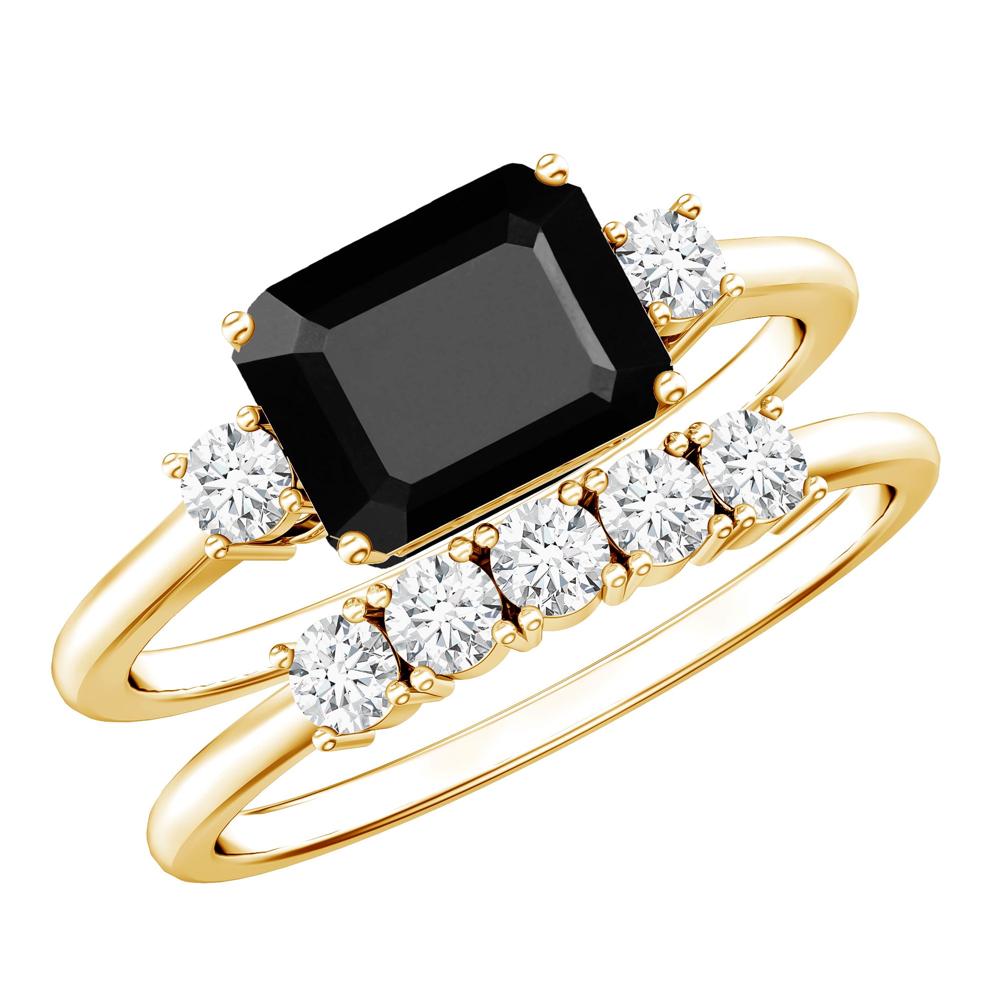 Emerald Cut Black Onyx and Diamond Wedding Ring Set AAA - Rosec Jewels