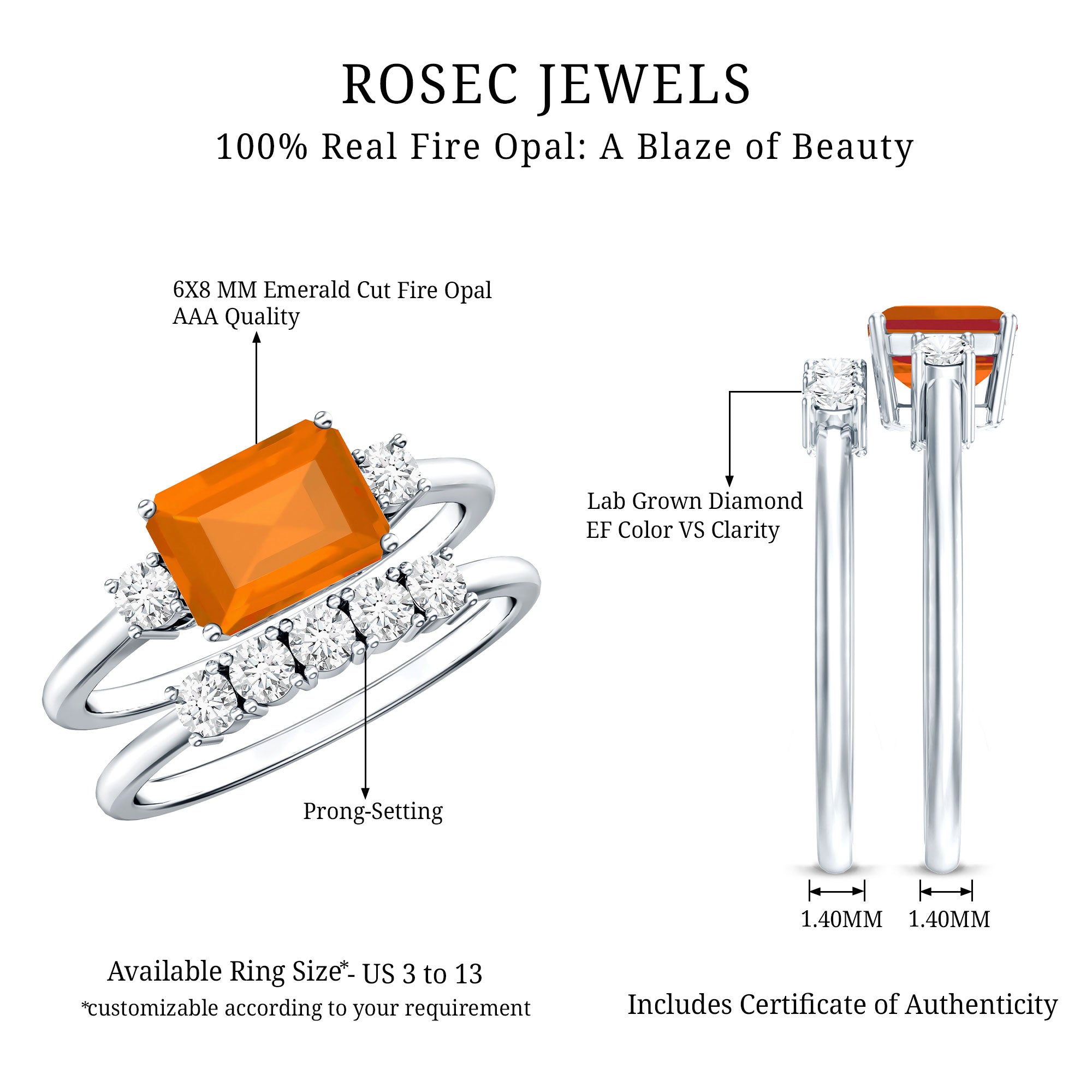 1 Carat Emerald Cut Fire Opal and Diamond Engagement Ring with Enhancer AAA - Rosec Jewels