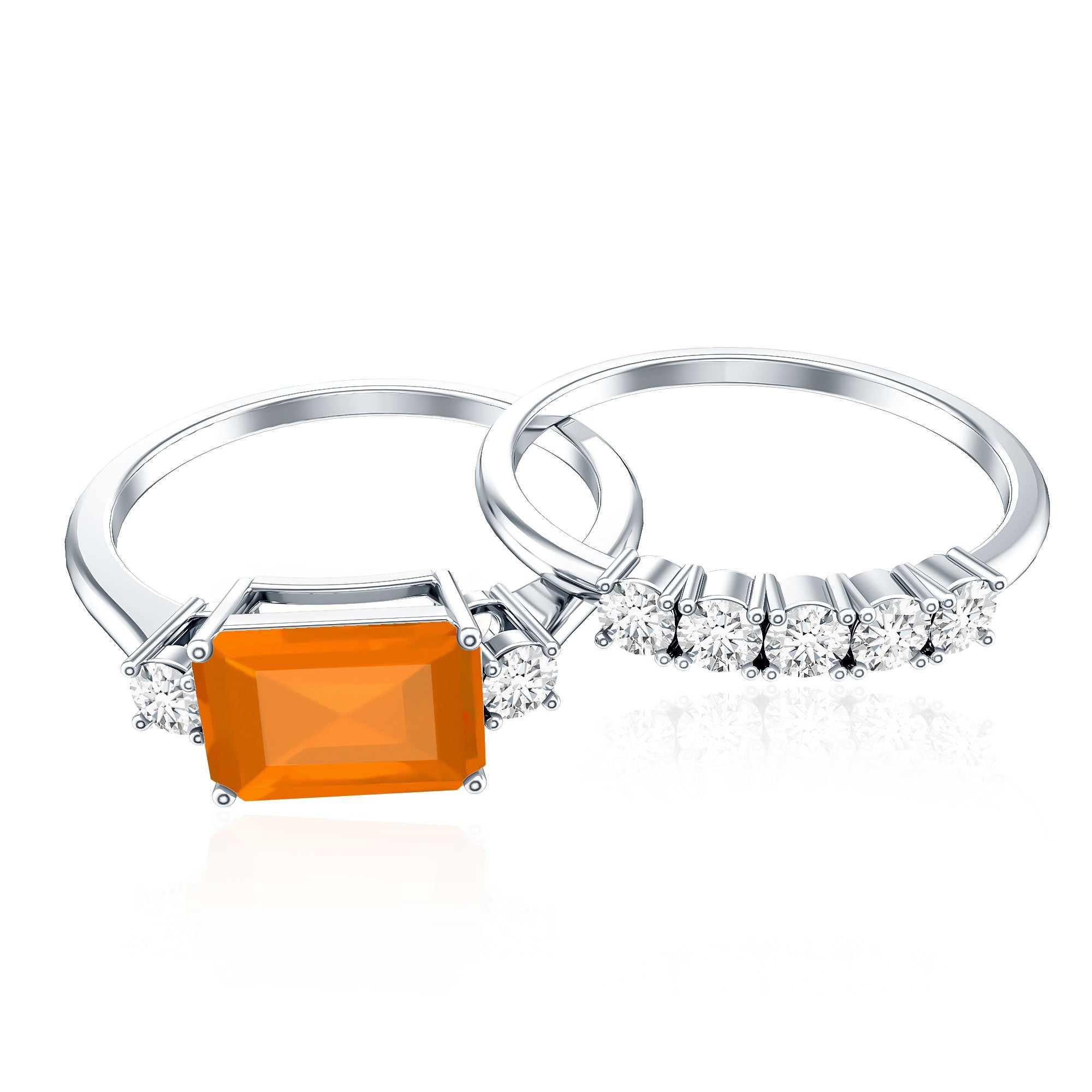 1 Carat Emerald Cut Fire Opal and Diamond Engagement Ring with Enhancer AAA - Rosec Jewels