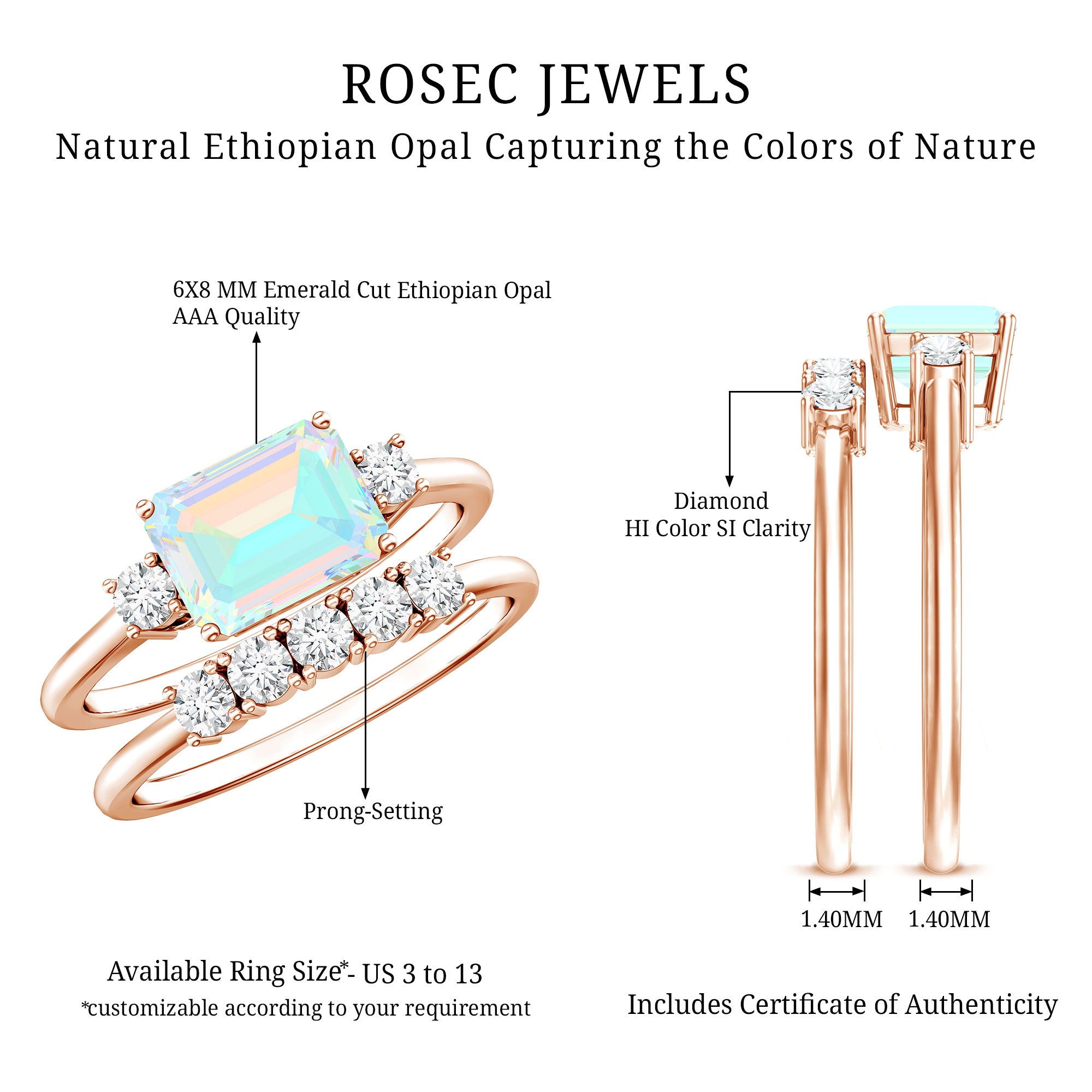 Natural Ethiopian Opal Diamond Emerald Cut Engagement Ring and Wedding Band Set AAA - Rosec Jewels