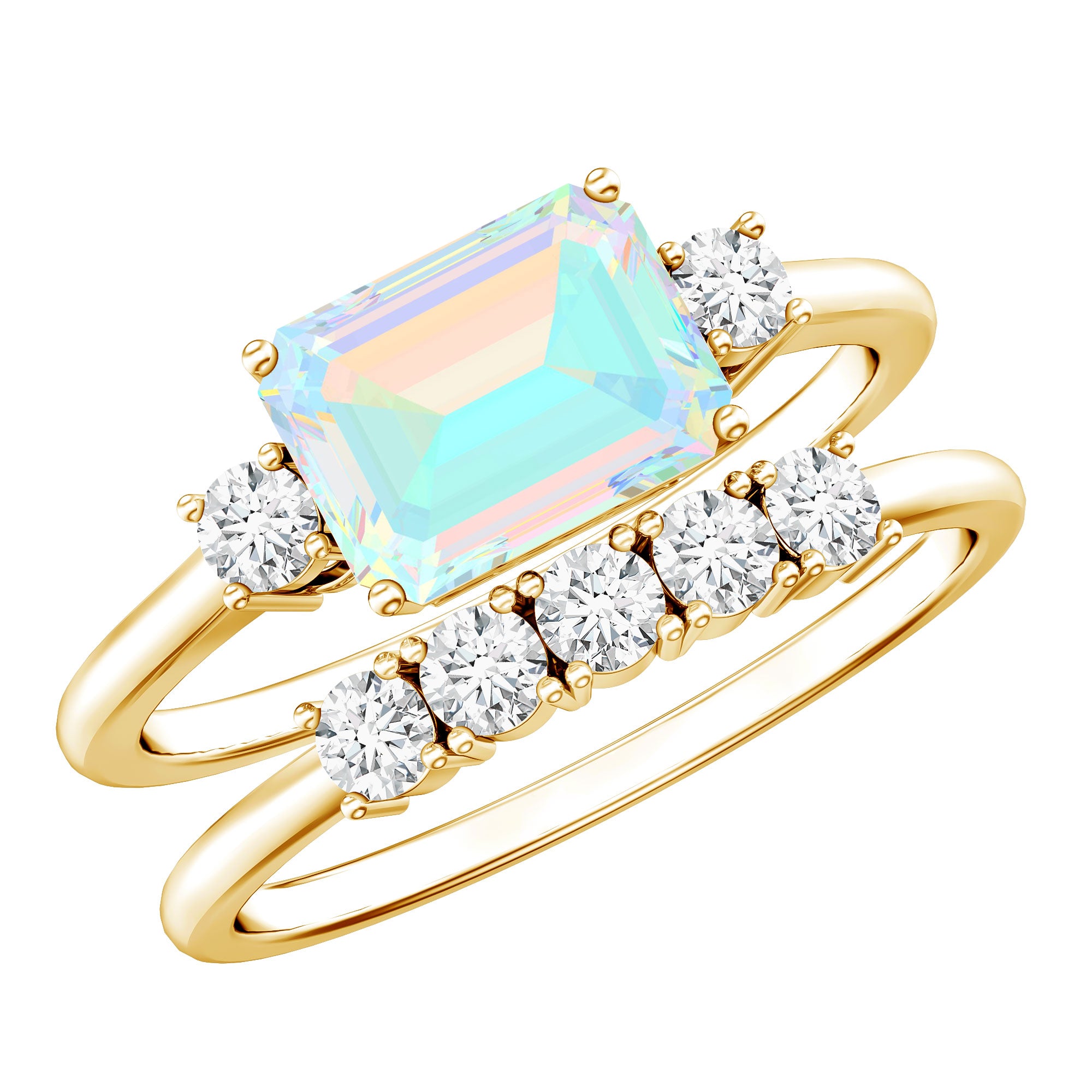 Natural Ethiopian Opal Diamond Emerald Cut Engagement Ring and Wedding Band Set AAA - Rosec Jewels