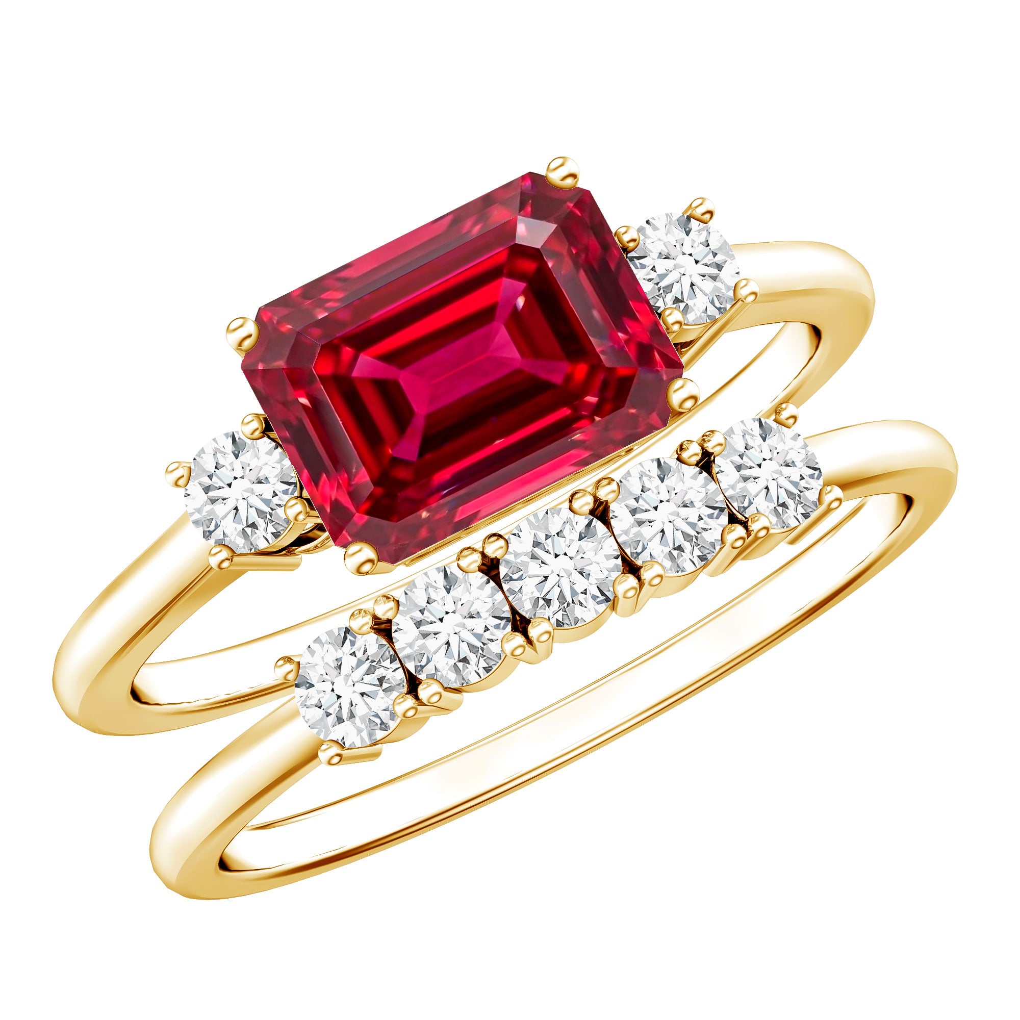 East West Set Emerald Cut Lab Ruby Engagement Ring with Diamond Wedding Band AAAA - Rosec Jewels