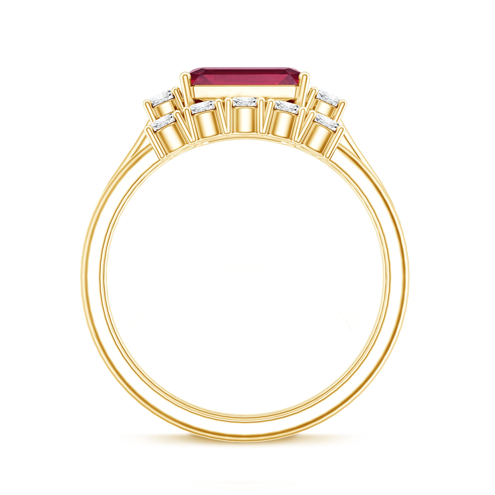 East West Set Emerald Cut Lab Ruby Engagement Ring with Diamond Wedding Band AAAA - Rosec Jewels