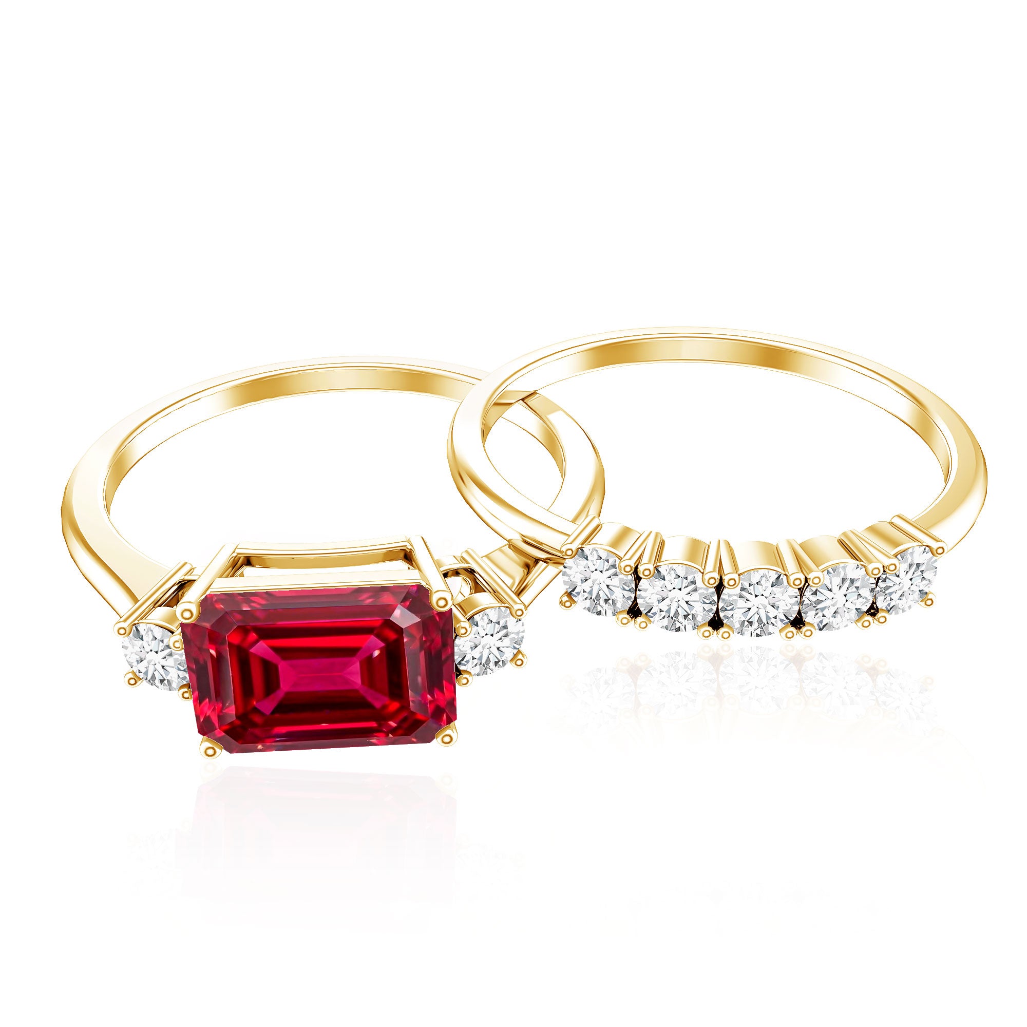 East West Set Emerald Cut Lab Ruby Engagement Ring with Diamond Wedding Band AAAA - Rosec Jewels