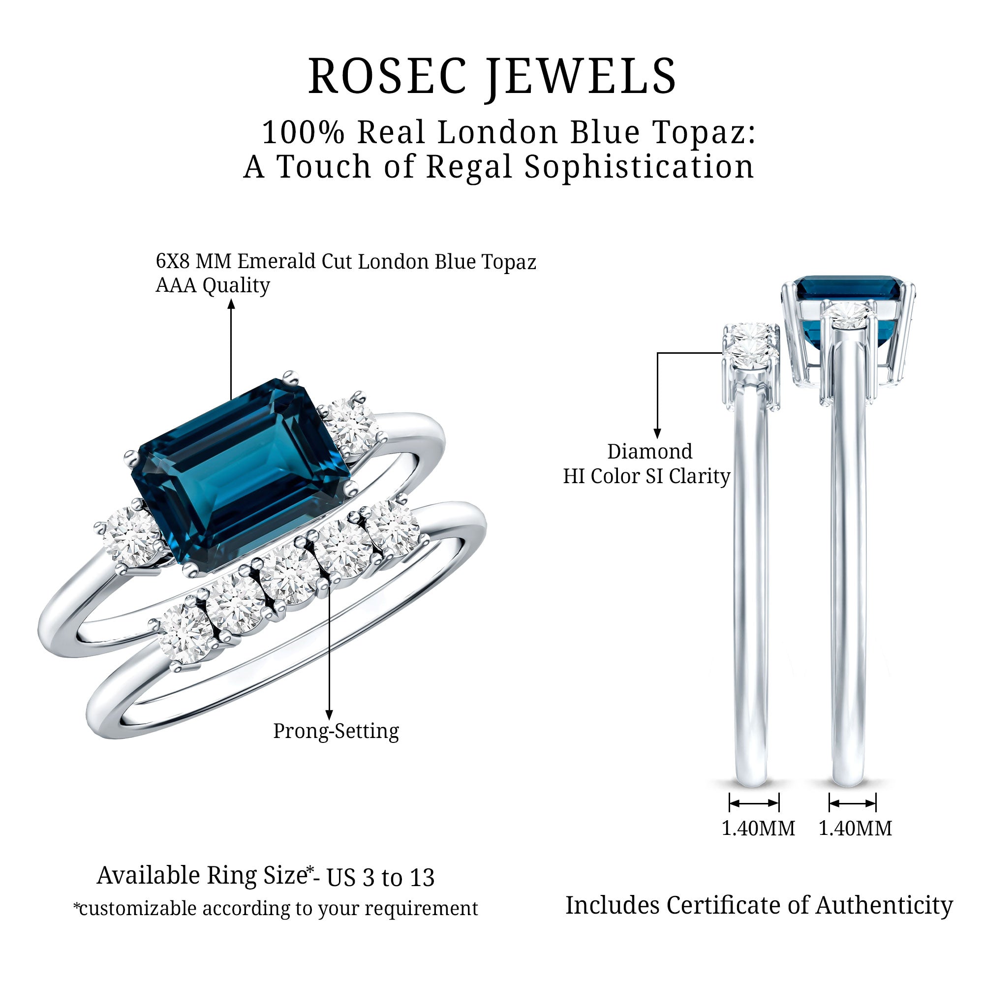Genuine Emerald Cut London Blue Topaz Engagement Ring with Diamond Wedding Band AAA - Rosec Jewels