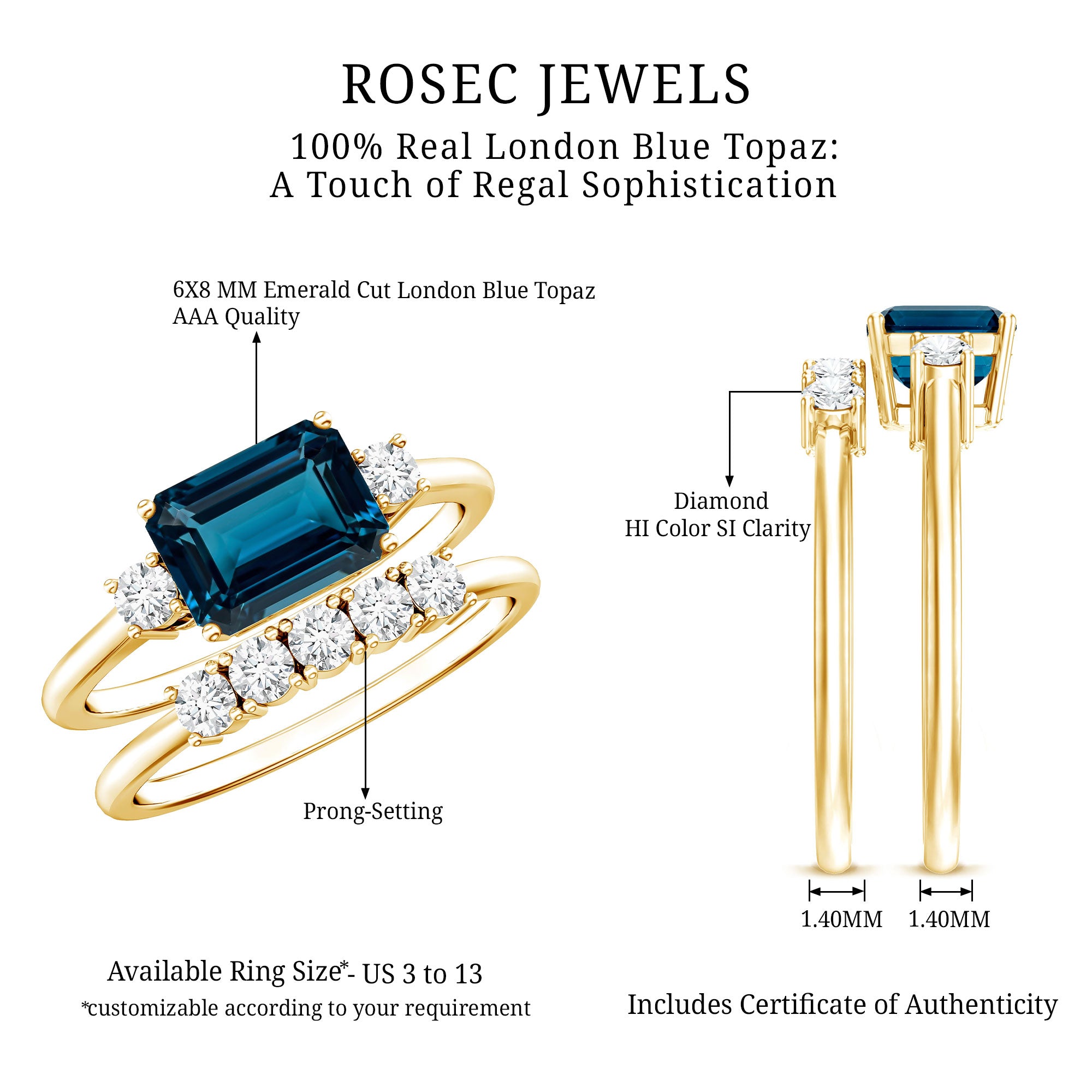 Genuine Emerald Cut London Blue Topaz Engagement Ring with Diamond Wedding Band AAA - Rosec Jewels