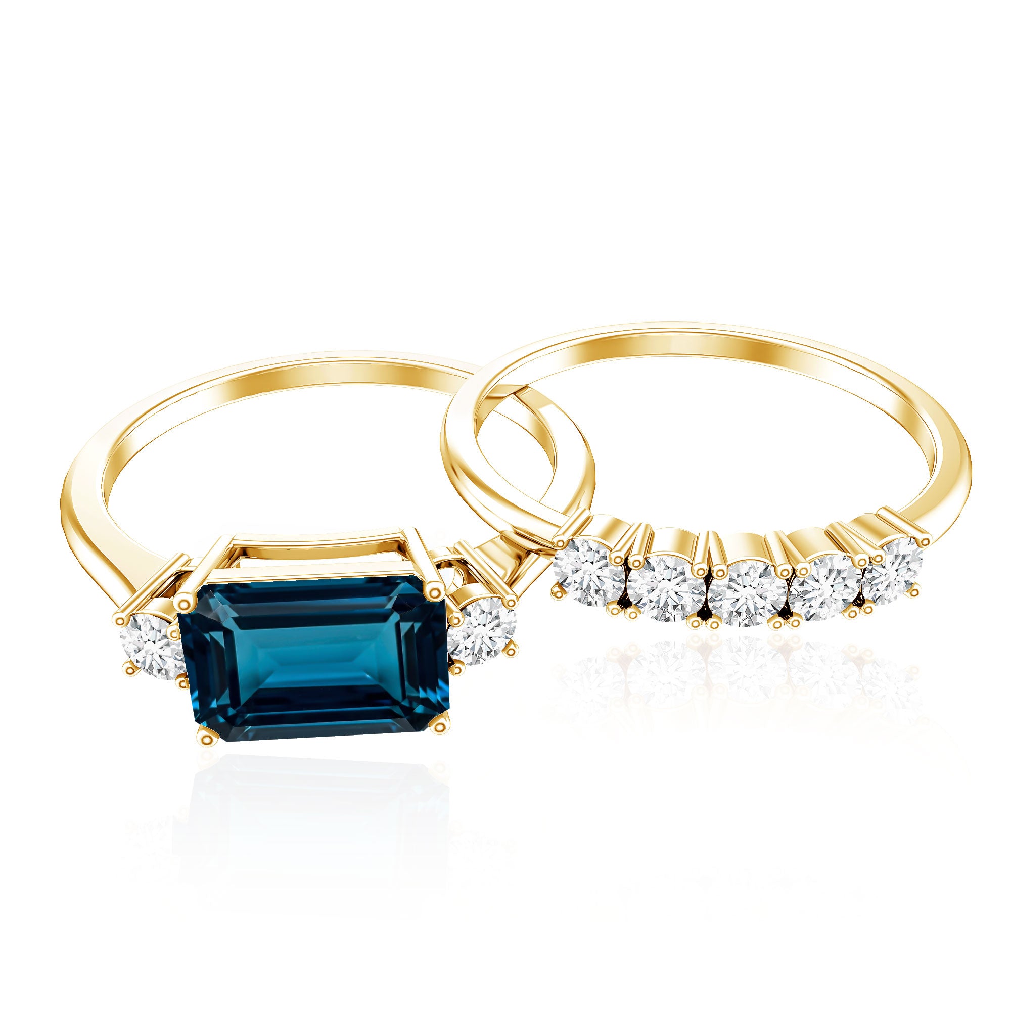Genuine Emerald Cut London Blue Topaz Engagement Ring with Diamond Wedding Band AAA - Rosec Jewels
