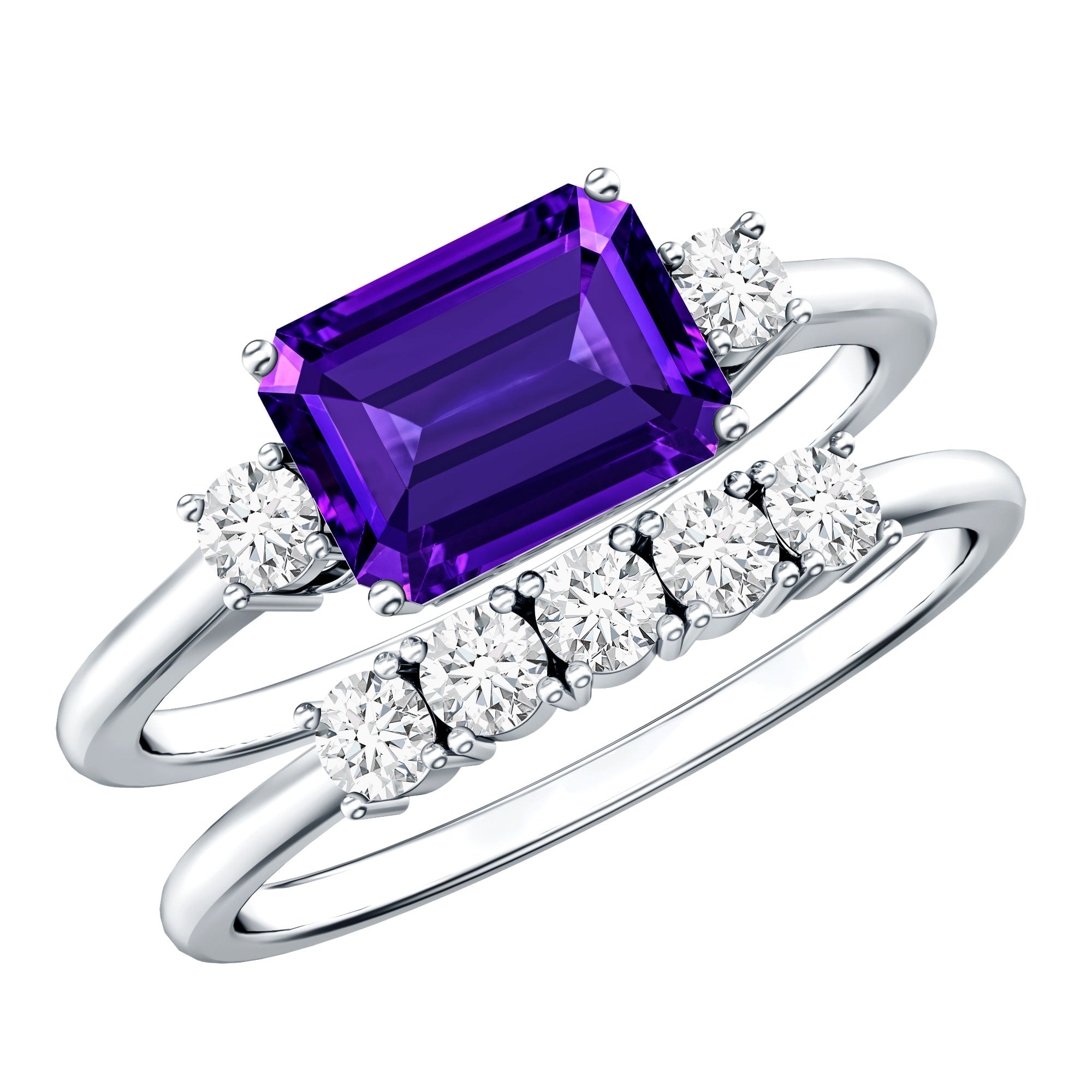 Octagon Cut Amethyst Contemporary Wedding Ring Set with Diamond AAA - Rosec Jewels