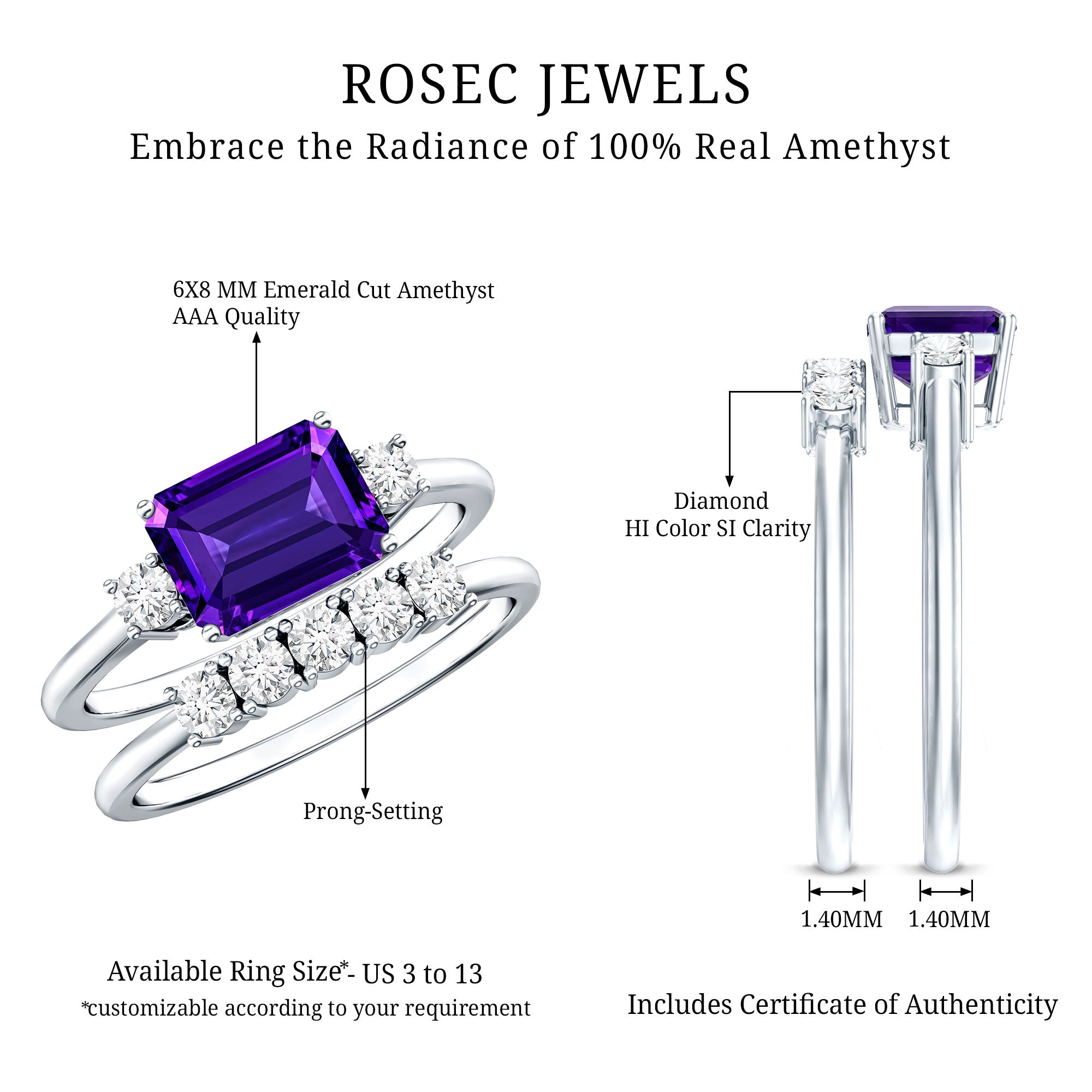 Octagon Cut Amethyst Contemporary Wedding Ring Set with Diamond AAA - Rosec Jewels