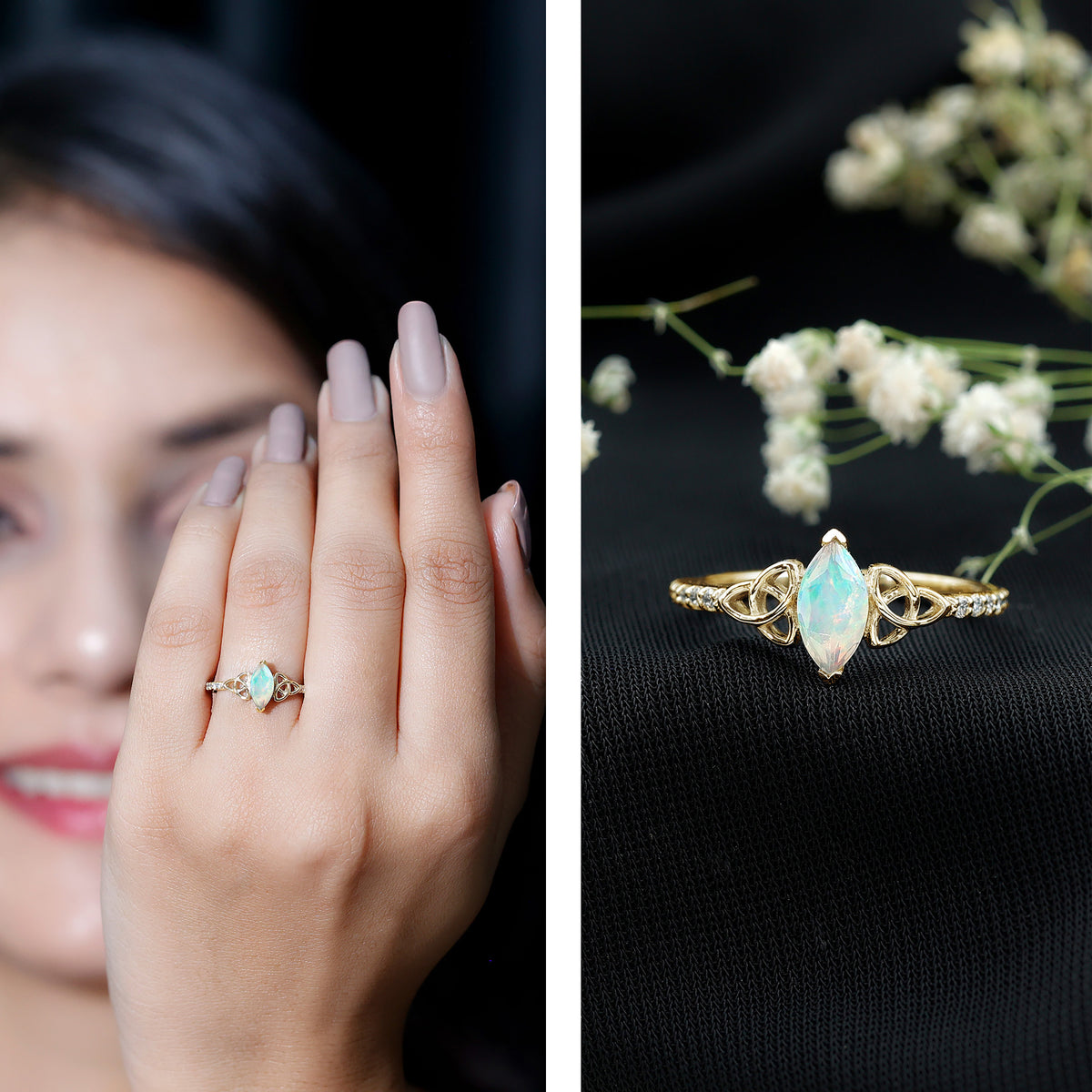 Natural Ethiopian Opal Diamond Engagement Ring with Celtic Knot AAA - Rosec Jewels