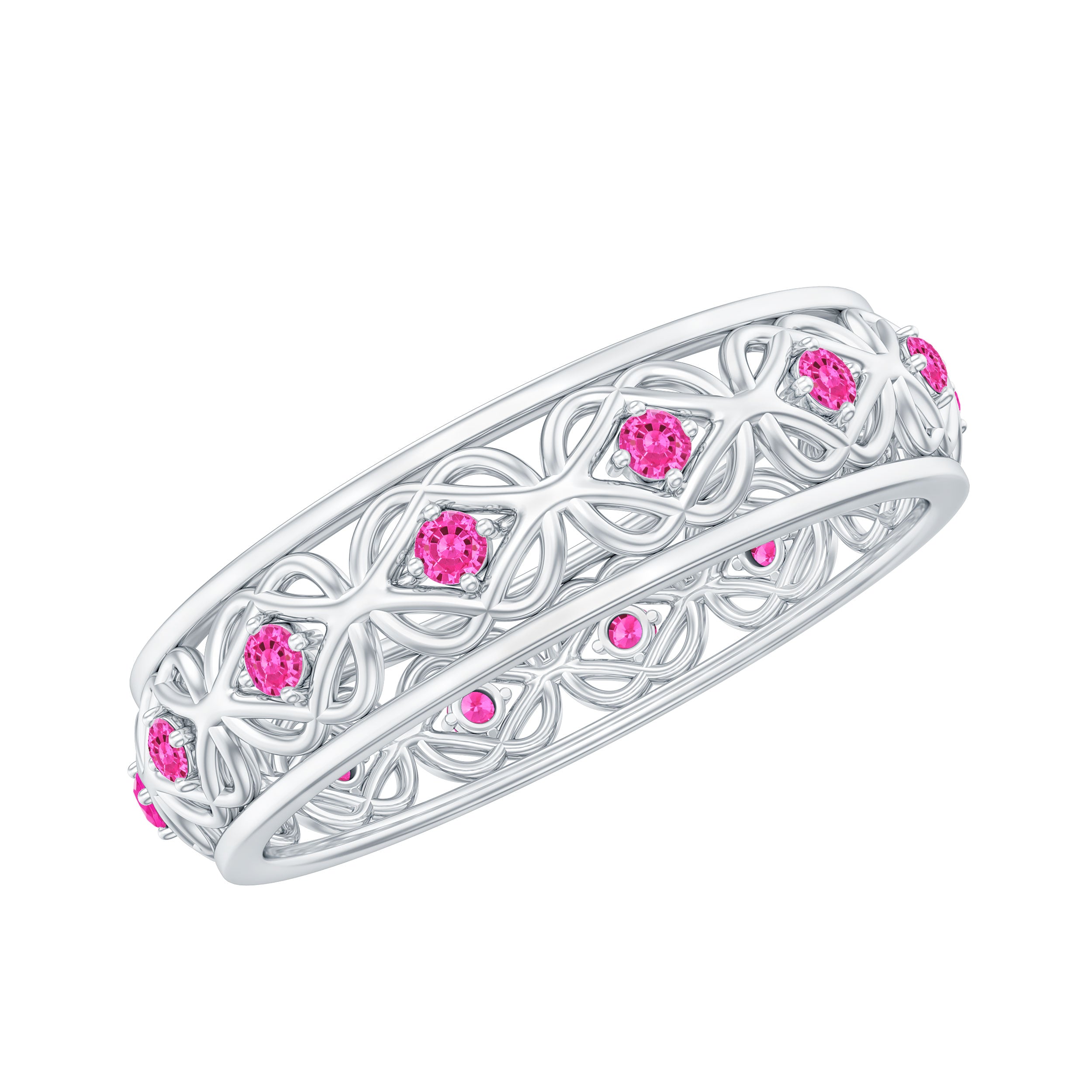 Lab Created Pink Sapphire Wedding Band with Celtic Details