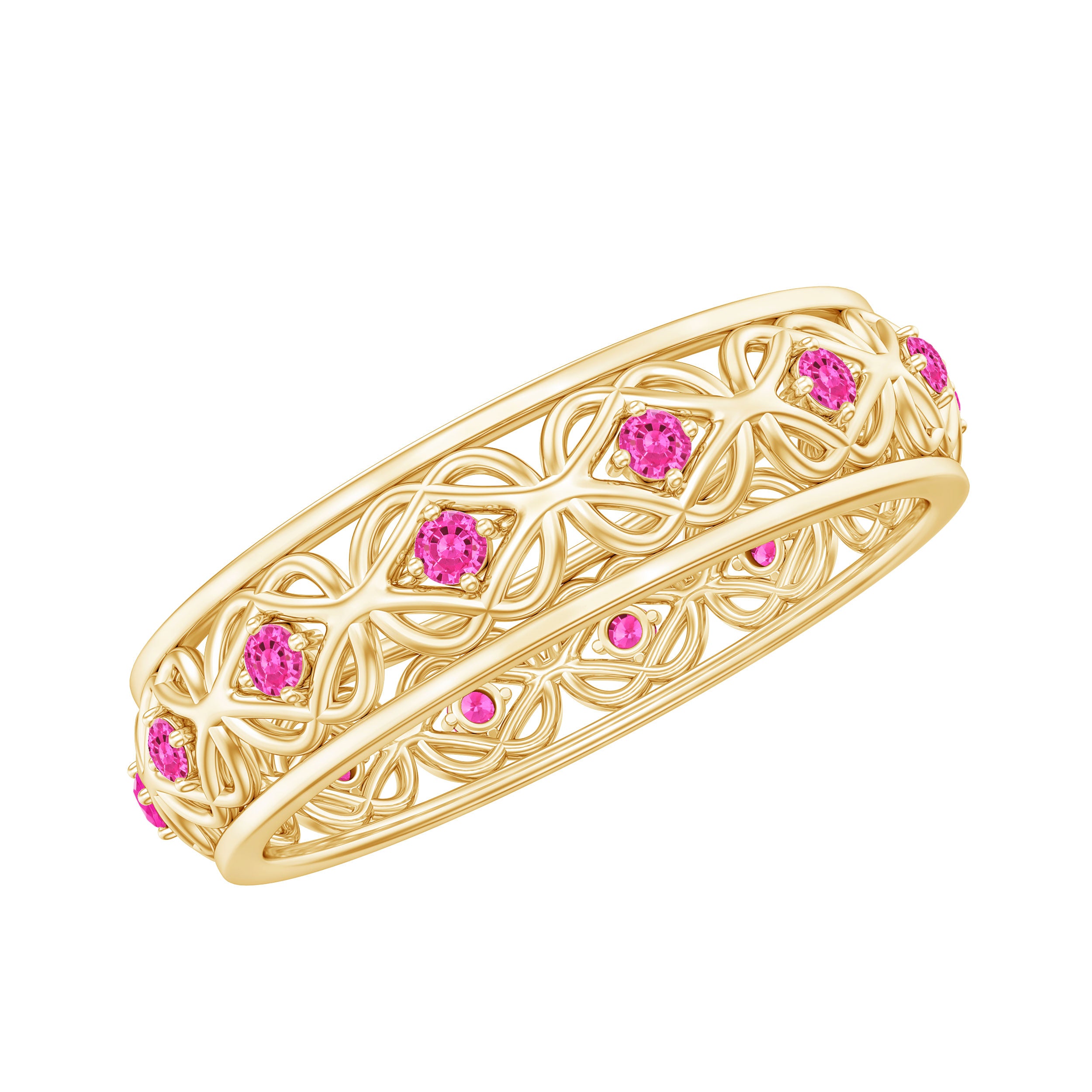 Rosec Jewels-Lab Created Pink Sapphire Wedding Band with Celtic Details